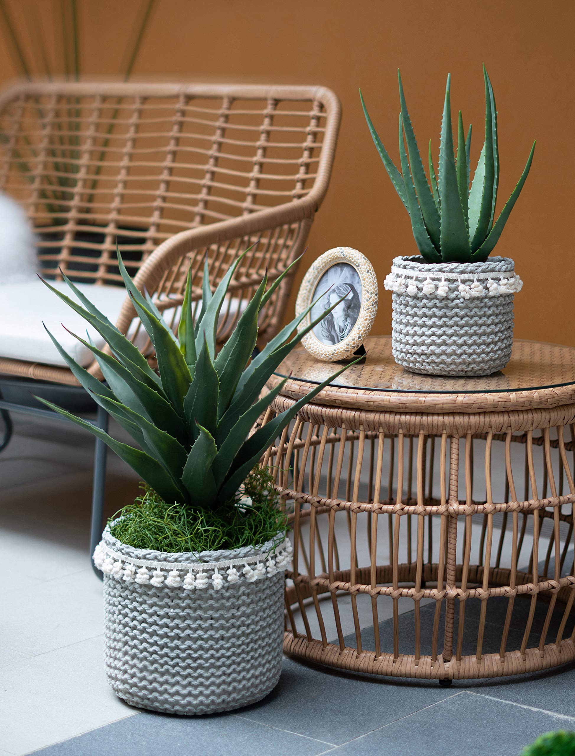 Bohemian Style Woven Cement Flower Pot Basket - Indoor/Outdoor Planters (14x14x13 & 10x10x9 inches) - A&B Home Garden Decor for Living Room, Patio & Balcony