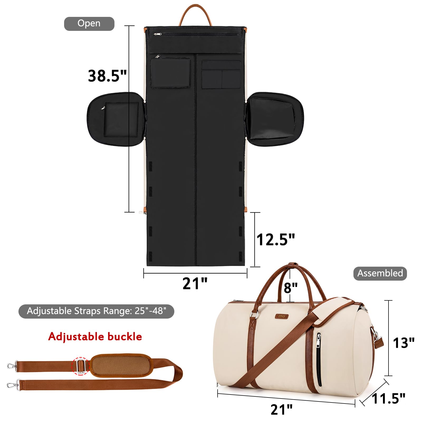 Convertible 2-in-1 Travel Garment Duffle Bag with Detachable Toiletry Pouch - Large Weekender Carry On Hanging Suitcase for Women & Men (Off White) - Perfect for Business Trips, Gym, Weekend Getaways & Airplane Travel