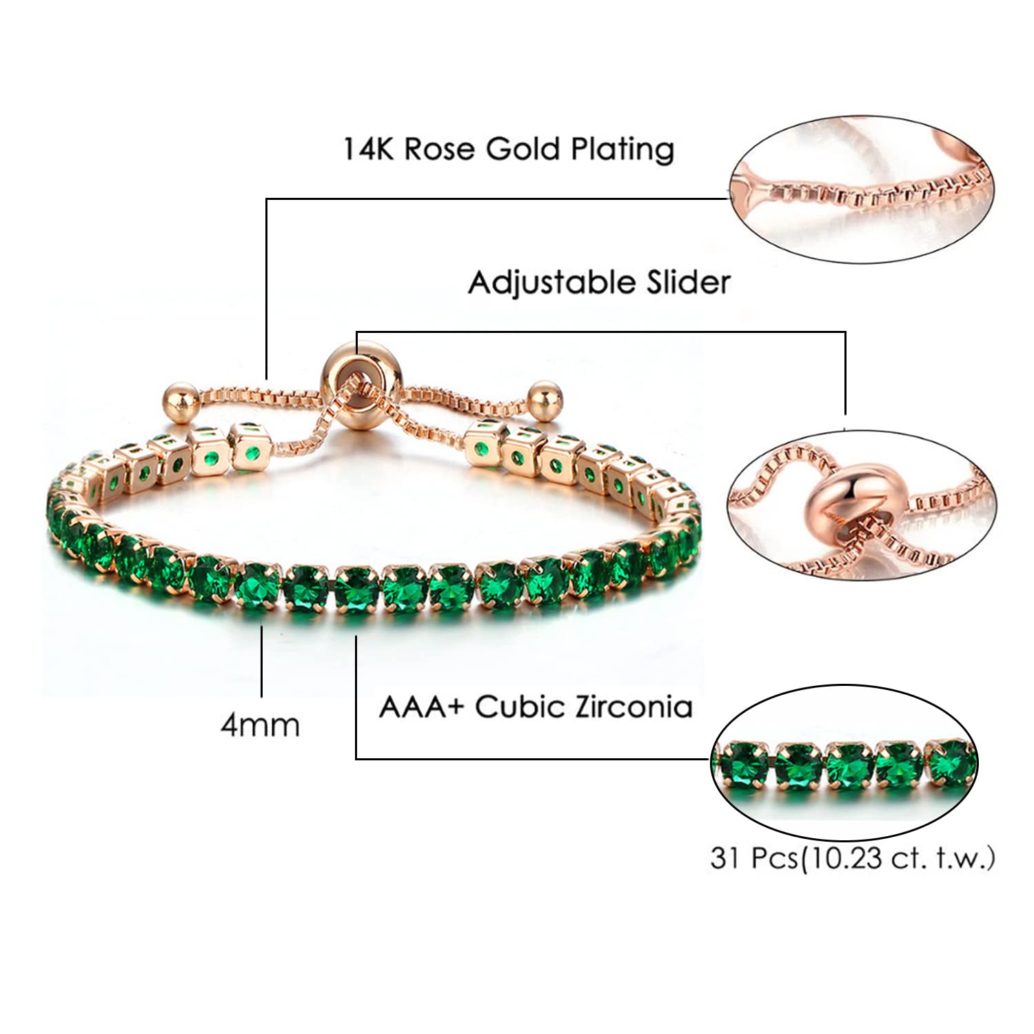 Elegant Cubic Zirconia Tennis Bracelet for Women - Adjustable Birthstone Rhinestone Slider Chain Bracelet, Dainty Fashion Jewelry Gift for Girls, Teens & Women | Perfect for Birthday, Anniversary & Special Occasions