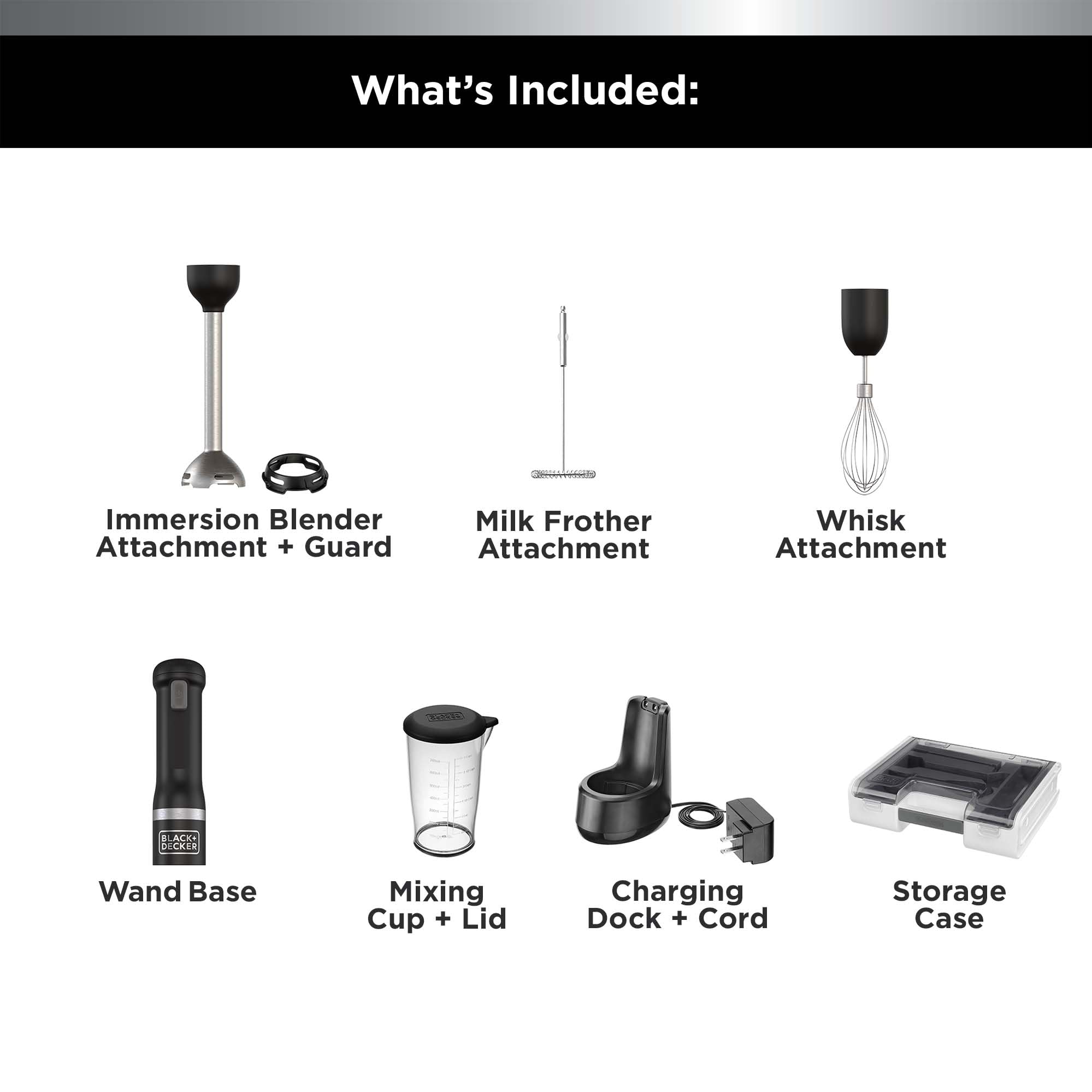 BLACK+DECKER 3-in-1 Cordless Immersion Blender Set with Whisk & Milk Frother - BCKM1013KS10 | Hand Blender with Storage & Charging Dock | Perfect for Smoothies, Soups & Baking | Black