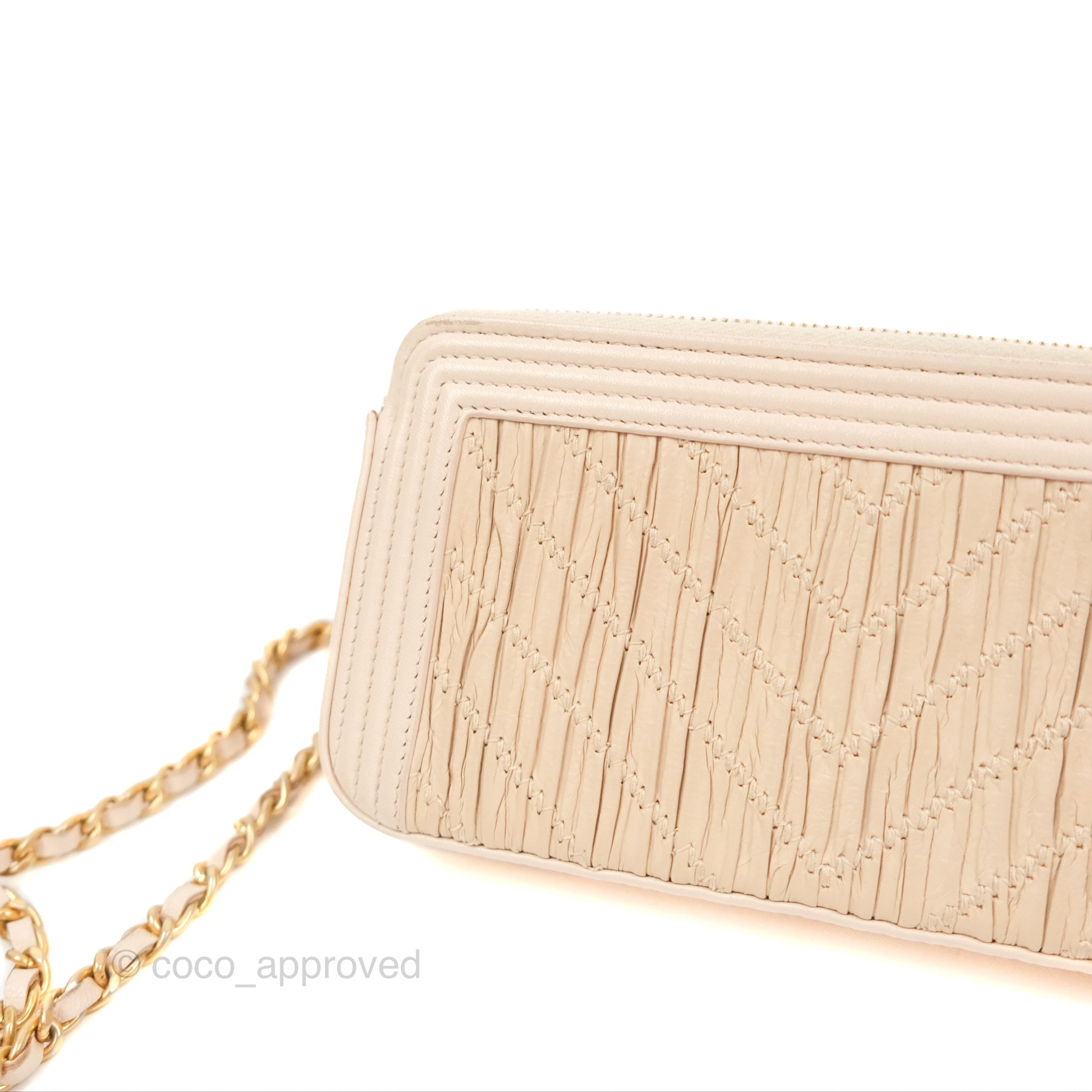Chanel Boy Double Zip Clutch On Chain Chevron Pale Beige with Aged Gold Hardware - Luxury Crossbody Bag for Women, Perfect for Evening Parties & Date Nights