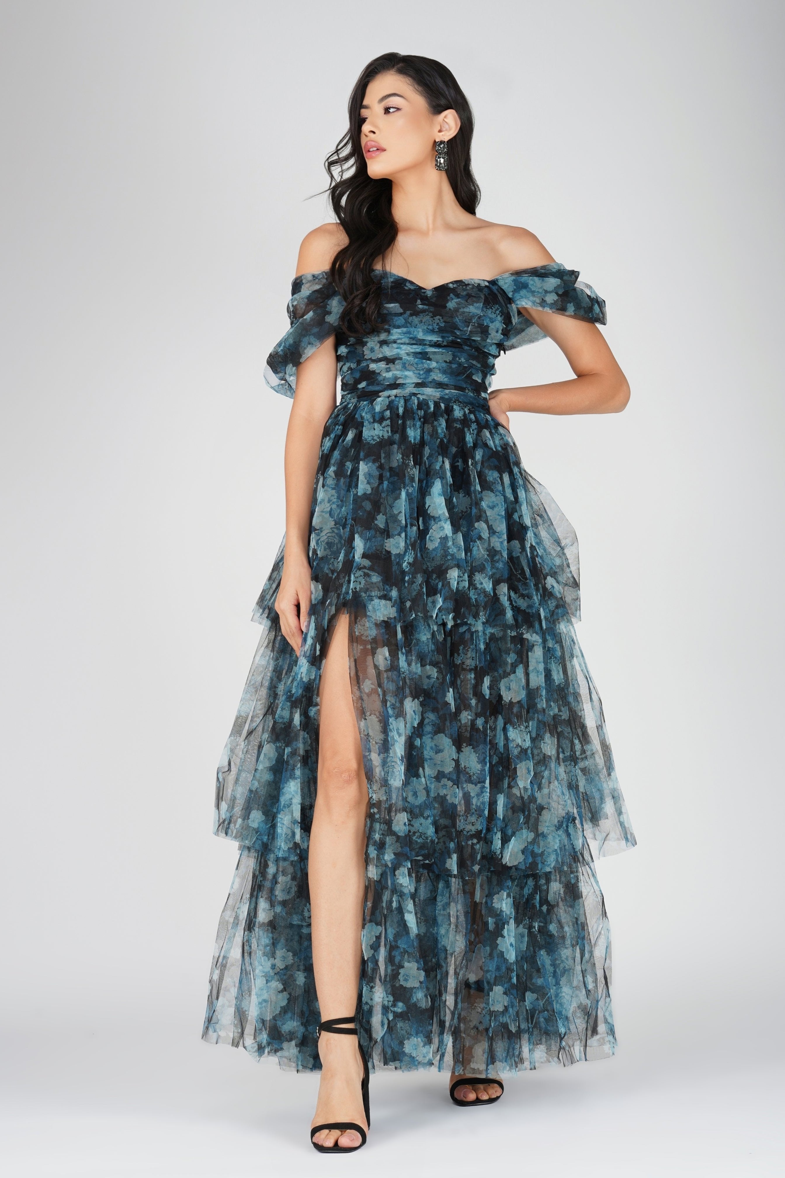 Elegant Blue Floral Sydney Tulle Maxi Dress for Women - Perfect for Weddings, Parties & Special Occasions