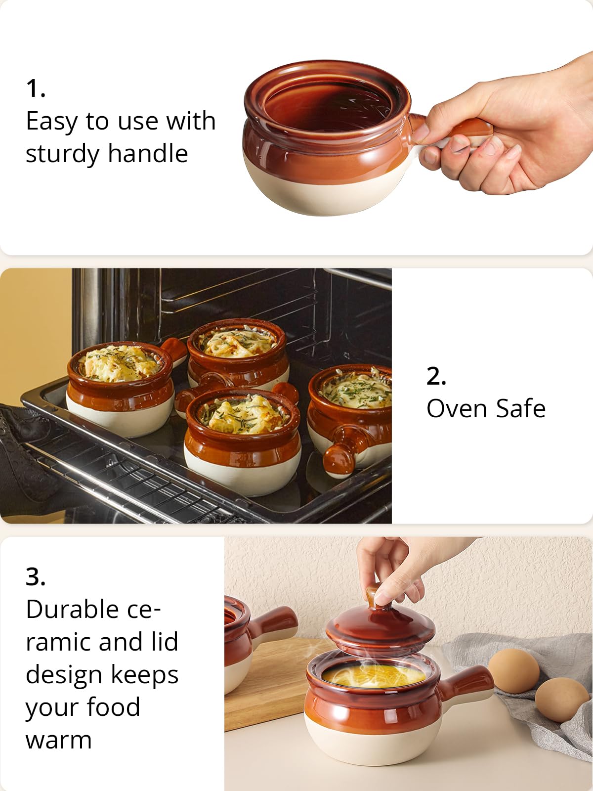 LIFVER 18oz Ceramic French Onion Soup Bowls with Lids & Handles - Set of 4, Oven & Dishwasher Safe Soup Crocks for Soup, Chili, Beef Stew, Cereal - Perfect for Restaurants, Family Dinners & Holiday Entertaining