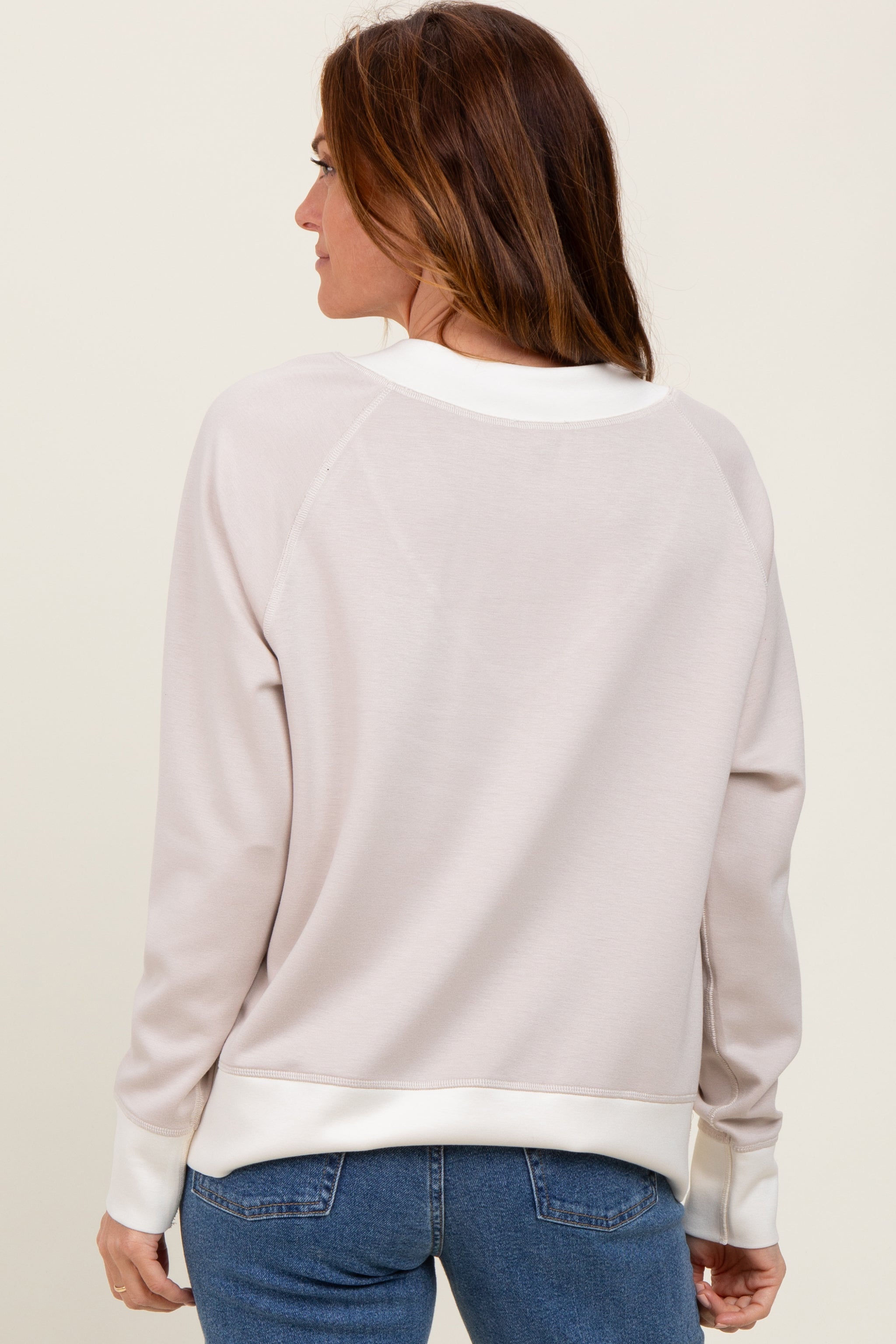 Beige Colorblock V-Neck Pullover Sweater for Women - Casual Knit Top for Fall & Winter | Perfect for Office, Date Night & Layering