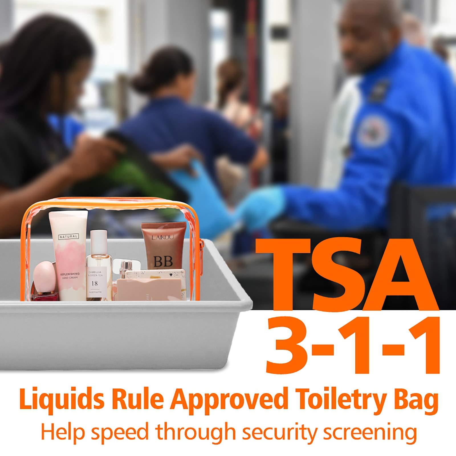 PACKISM Clear Makeup Bag with Zipper - 3 Pack TSA Approved Travel Toiletry Bags for Cosmetics & Essentials | Quart Size Carry-On Compliant for Airports & Airlines | Perfect for Travel, Gym & Daily Organization (Orange)