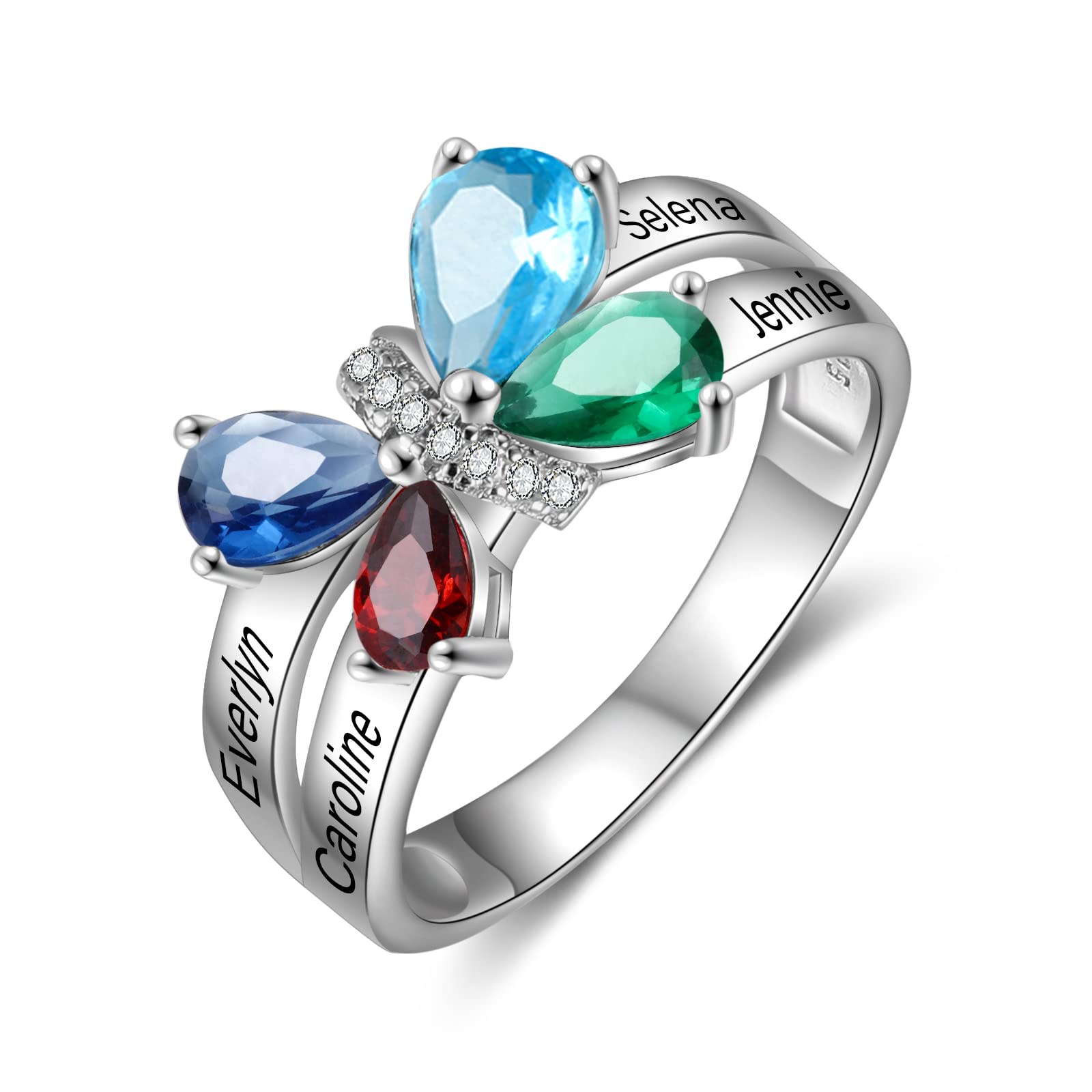 Custom Personalized Mother's Ring with 4 Birthstones & Names - Engraved Family Jewelry Gift for Mom, Grandma & Women - Perfect for Mother's Day, Anniversary & Special Occasions