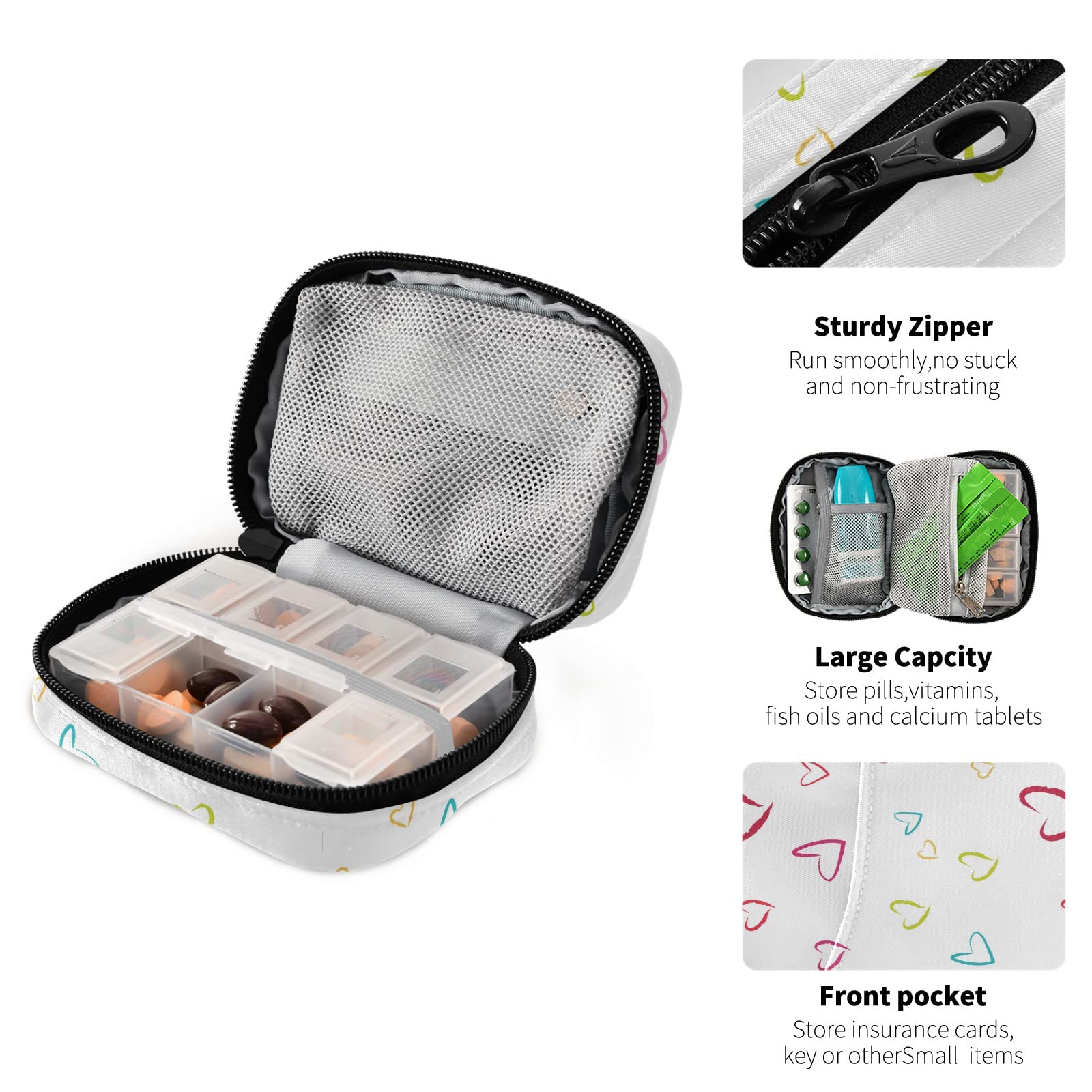 White Weekly Travel Pill Organizer - Small 7-Day Cute Pill Case with Red Heart Design for Vitamins & Medication - Perfect for Travel, Work, and Daily Use