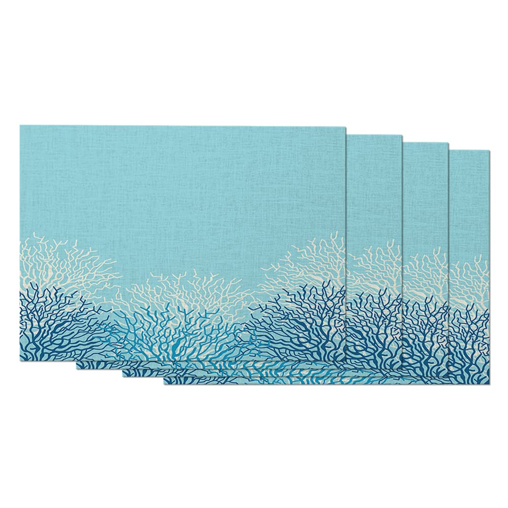 AOYEGO Blue Coral Placemats Set of 4 - 12x18 Inch Cotton Linen Table Mats with Marine Reef & Sea Life Design for Dining Table Decor | Perfect for Beach House, Coastal Theme Kitchen, and Ocean-Inspired Home Decor