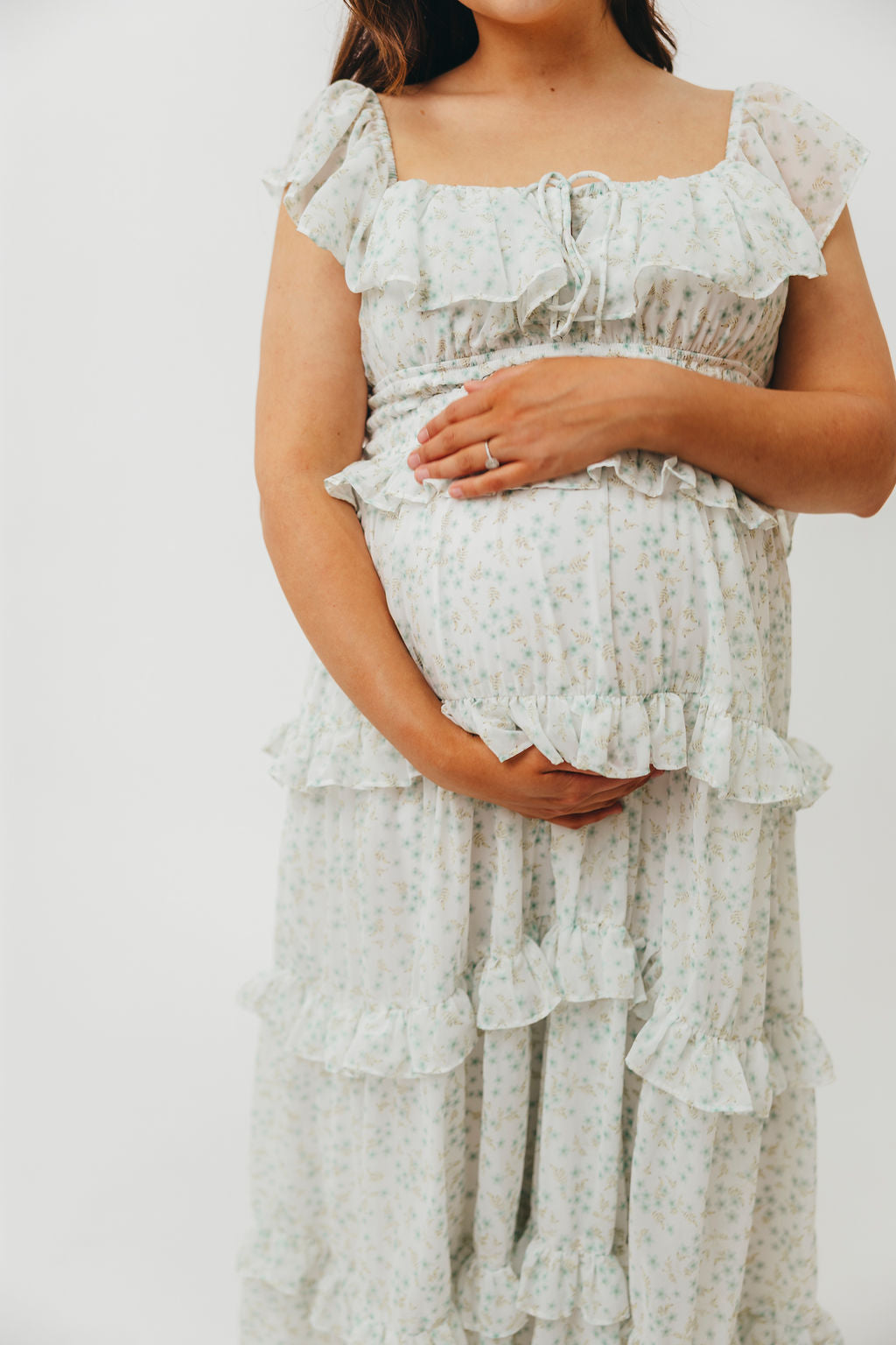 Astrid Ruffle Detail Maxi Dress in Sage Floral - Bump Friendly Maternity Dress for Pregnancy, Nursing & Special Occasions | Flowy Summer Dress for Beach, Wedding & Vacation
