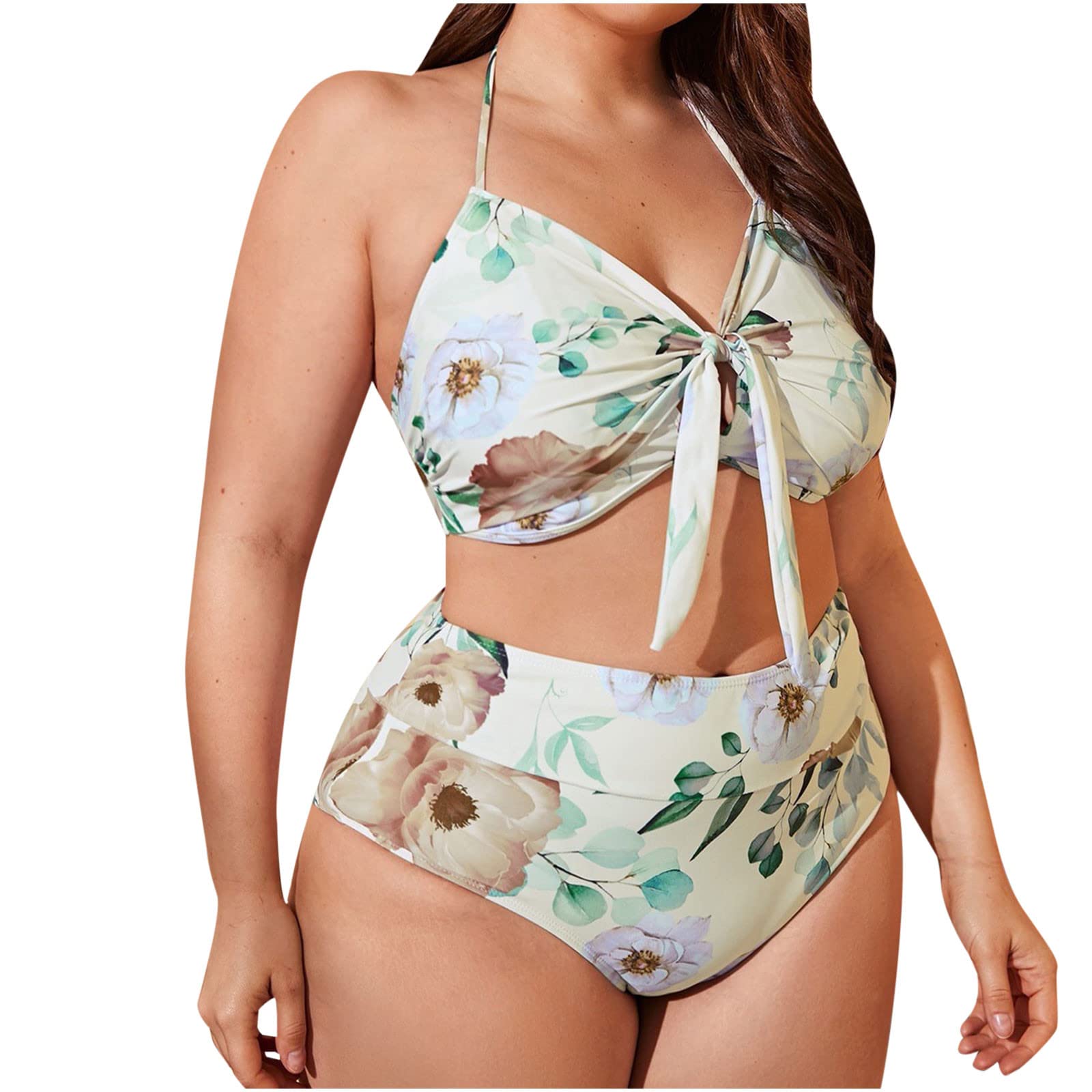Plus Size Bathing Suit for Women - Floral Print Lace-Up Swimsuit with High Waist & Side Split - Comfortable Swimwear for Curvy Ladies - Perfect for Beach, Pool & Vacation