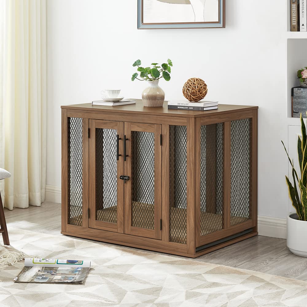 Unipaws Modern Wooden Dog Crate with Tray - Large Indoor Pet Kennel House Cage with Door, Aesthetic Walnut End Table & Nightstand for Living Room, Bedroom Decor | Perfect for Home, Office & Apartment Use