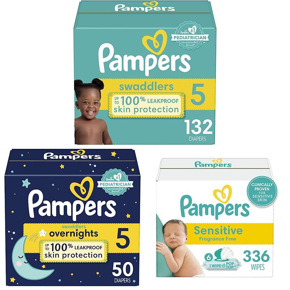 Pampers Swaddlers Overnights Diapers Size 5 (132 Count & 50 Count) with Sensitive Baby Wipes - Fragrance Free, Hypoallergenic for Overnight Protection & Gentle Skin Care - Perfect for Nighttime Use, Travel, and Diaper Bags