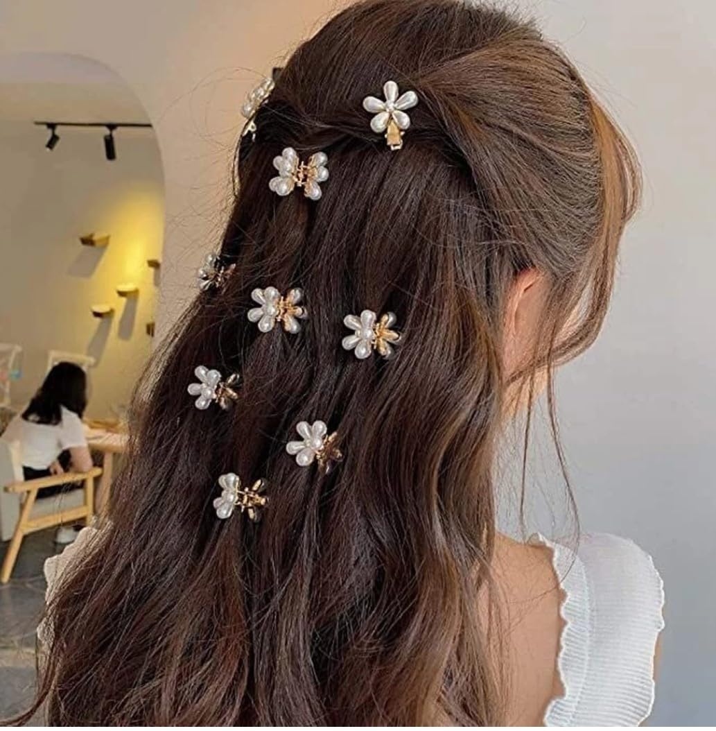 Korean Style Pearl Hair Claw Clips - 10 Pack Flower Shaped Barrettes for Women & Girls | Elegant Hair Accessories for Wedding, Party & Daily Use