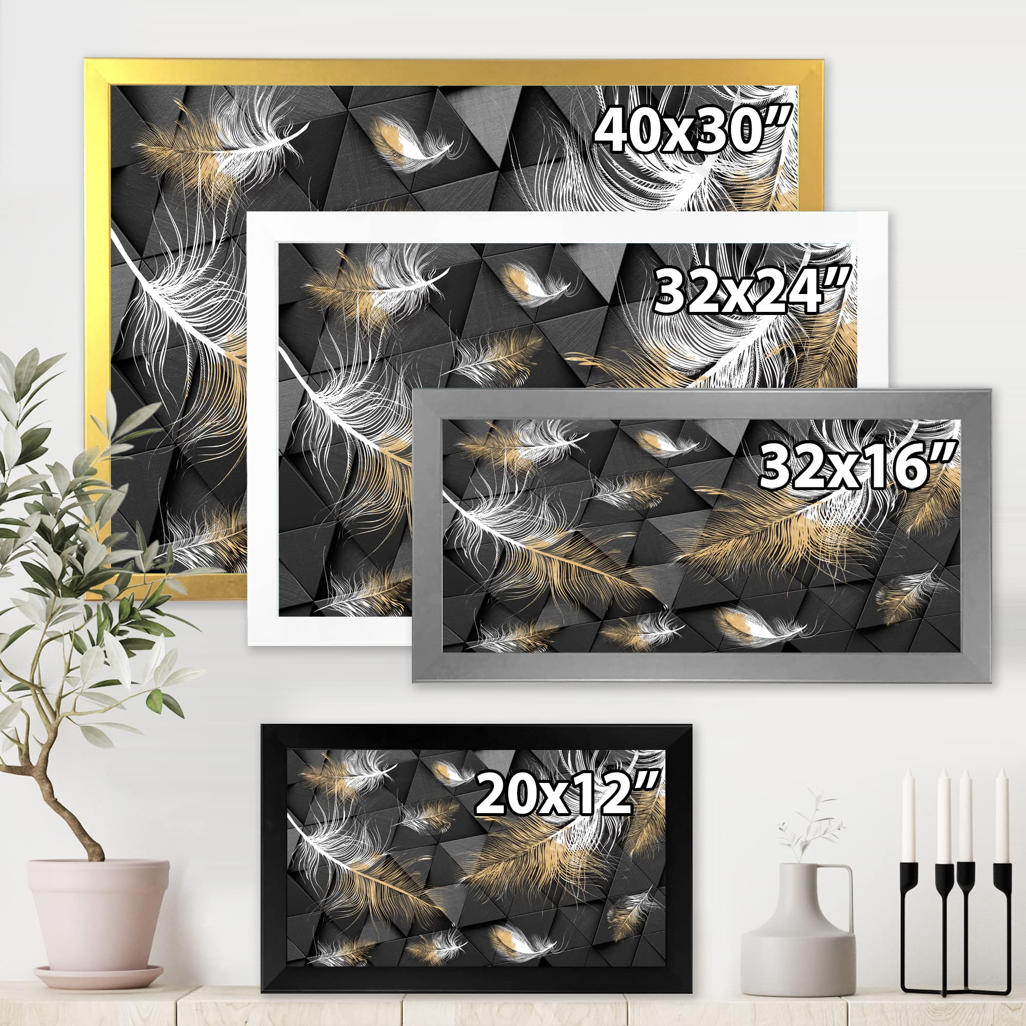 White and Gold Feathers Triangular Modern Framed Wall Art - Elegant Home Decor for Living Room, Bedroom & Office