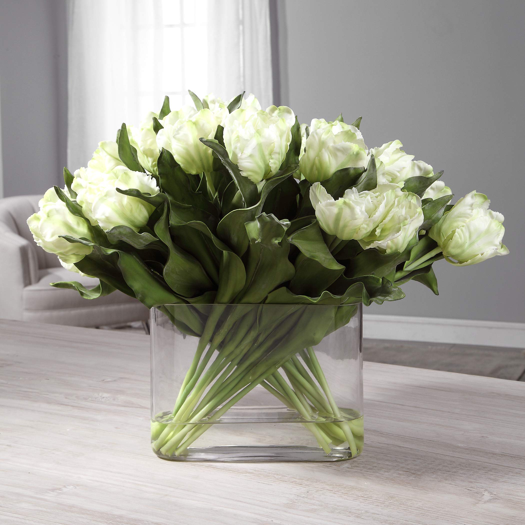 Elegant White Double Tulip Bouquet Vase - Oval Floral Centerpiece for Spring Weddings, Home Decor & Table Arrangements