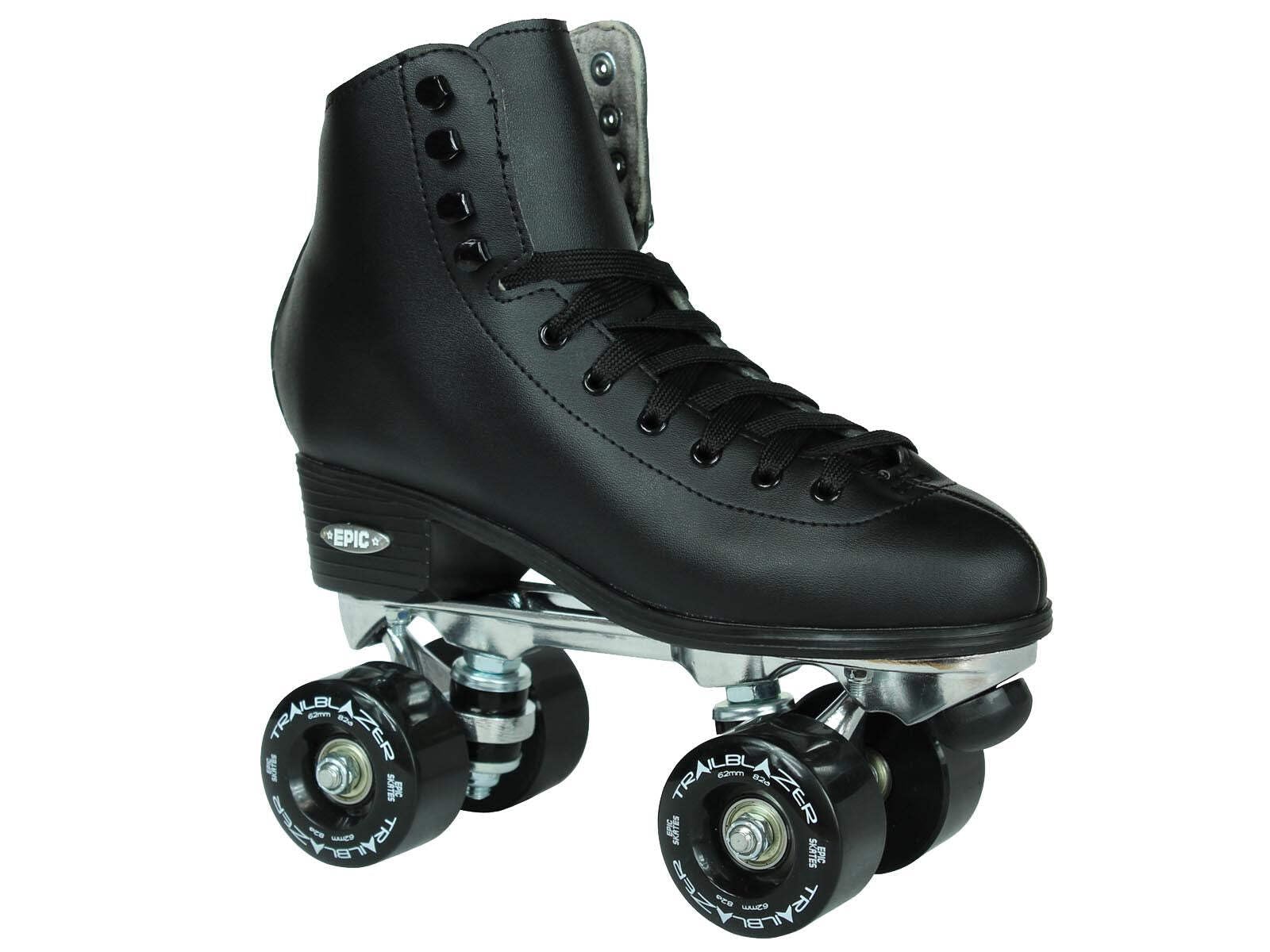 Epic Classic Solid Black High-Top Quad Roller Skates for Men - Size 10 with Storage Bag, Extra Laces & Pom Poms | Perfect for Roller Derby, Rink Skating & Retro Fashion Outfits
