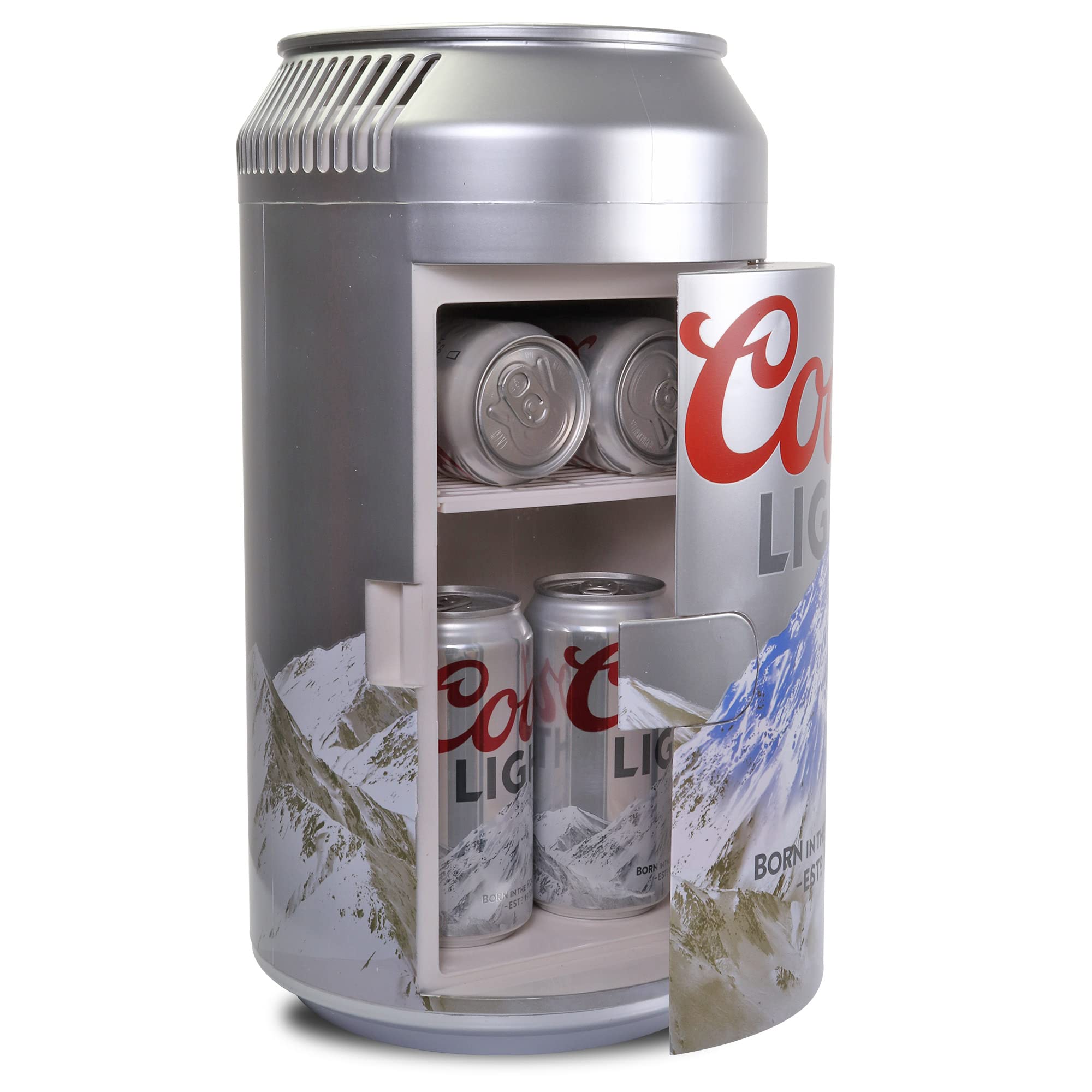 Coors Light 8 Can Portable Mini Fridge - 5.4L (5.7 qt) Beer Can Shaped Cooler with 12V DC & 110V AC Power - Compact Refrigerator for Beer, Soda, Snacks & Drinks - Perfect for Home, Office, Dorm, RV, Travel & Outdoor Activities