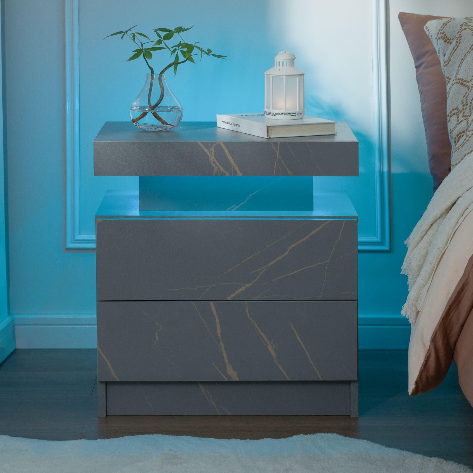 2 Drawer LED Nightstand Set of 2 - Modern Bedside Table with Soft Glow Lighting for Bedroom, Living Room or Dorm - Wooden End Table with Storage Space & USB Charging Ports