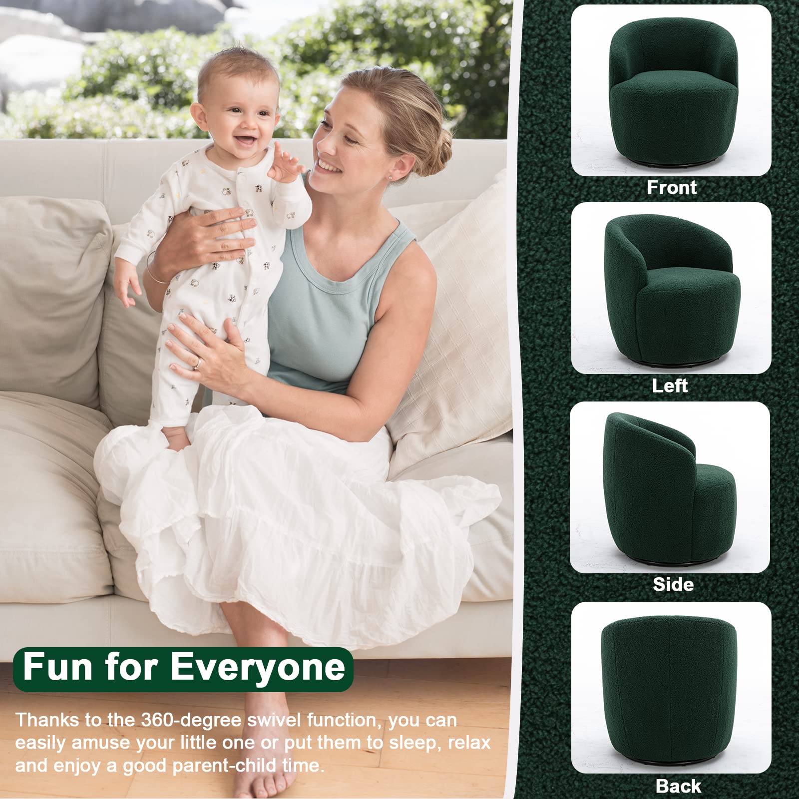 Antetek Small Swivel Chair - 360 Degree Rotating Barrel Chair with Arms, Modern Leisure Accent Chair for Nursery, Living Room, Office & Lounge - Green Velvet Upholstery - Perfect for Small Spaces, Reading Nooks & Cozy Corners