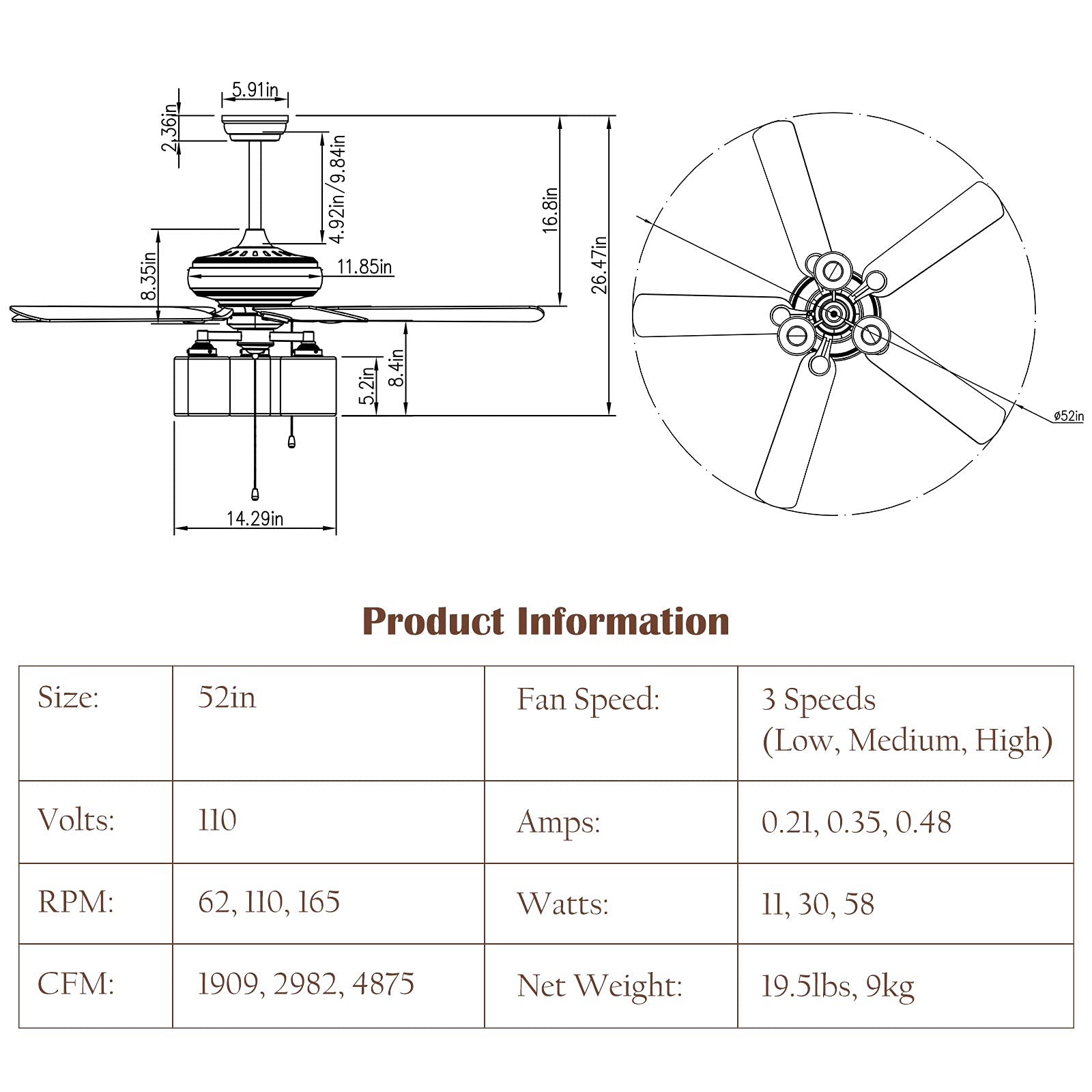 52 Inch Tangkula Industrial Ceiling Fan with Lights - 3-Speed Reversible Motor, 5 Blades & 3 Clear Glass Lights, ETL Certified Bronze Finish - Perfect for Living Room, Bedroom, and Patio Cooling