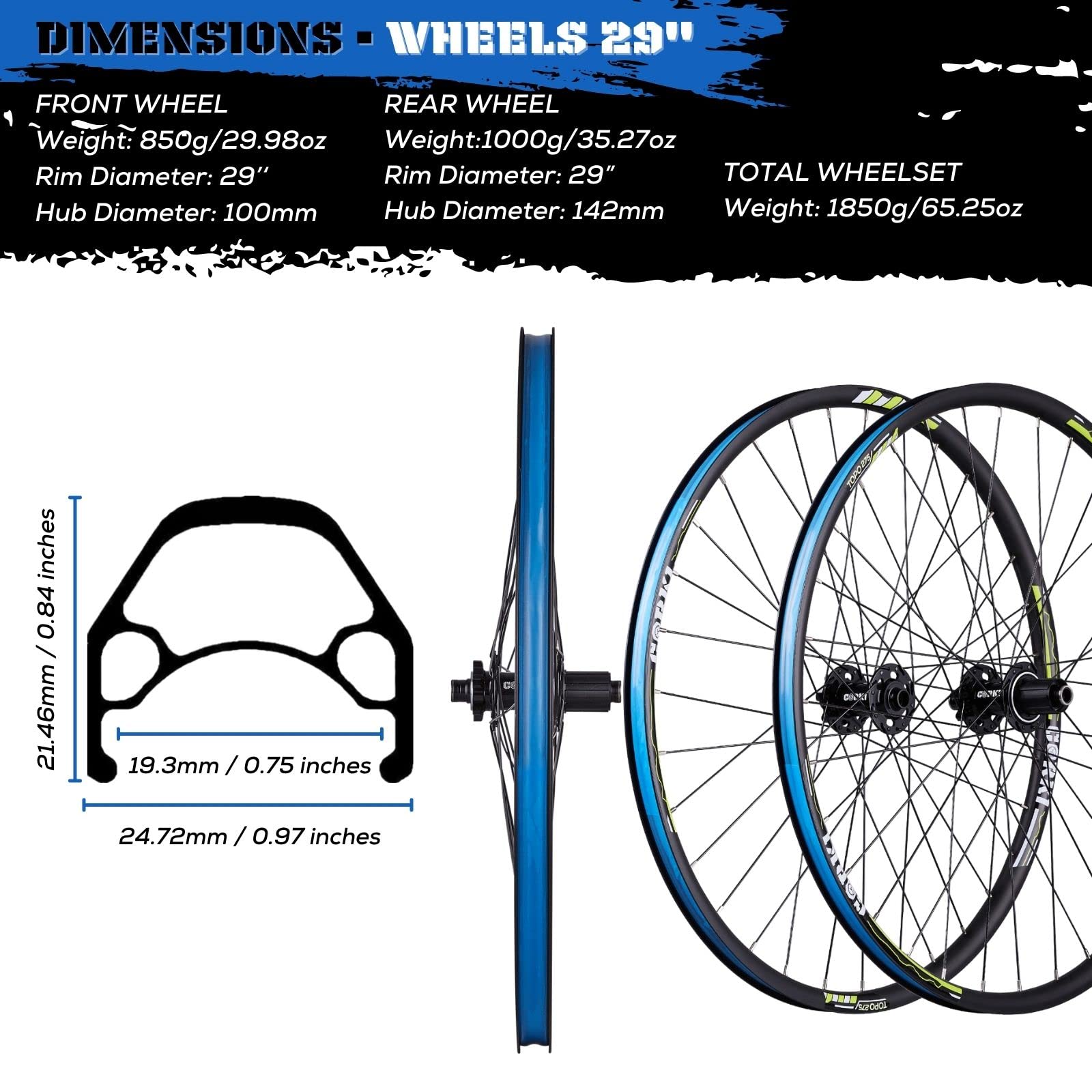 **Corki Cycles TOPO Mountain Bike Wheels - 26/27.5/29 Inch Aluminum Alloy Wheelset with Thru Axle & Dual Disc Brake (1.5-2.6 Inch Width) - Perfect for Trail Riding & Off-Road Adventures**