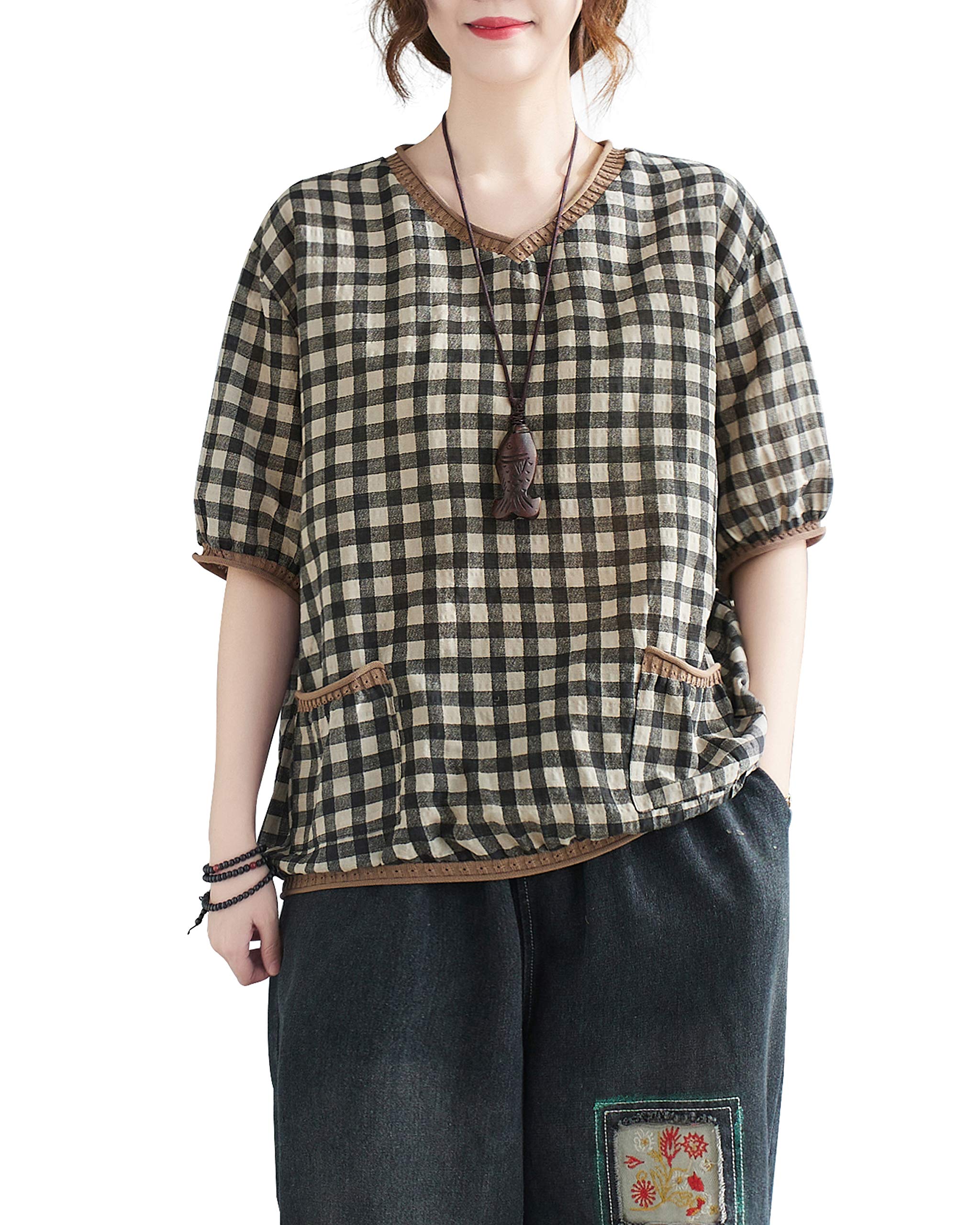 EllaZhu Women's Oversized V-Neck Plaid Button-Down Shirt with Pocket - Casual Long Sleeve Blouse for Work, Date Night & Fall Layering (Style GA2213)