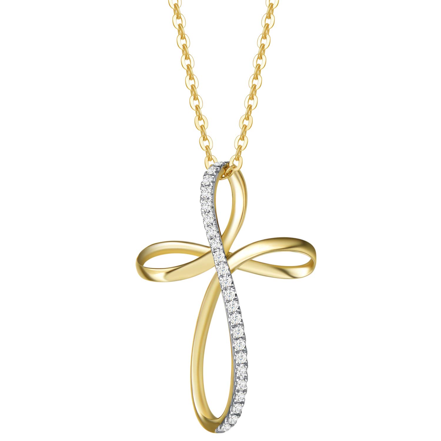 14K Solid Yellow Gold Diamond Crucifix Pendant Necklace for Women - 0.107cttw Dainty Cross with Infinity Chain, 16