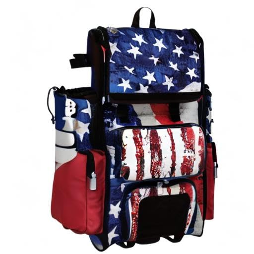 Boombah Superpack Hybrid Rolling Bat Bag - USA Stars & Stripes Navy/Red/White - Wheeled & Backpack Baseball Bag for Travel & Sports Equipment Storage
