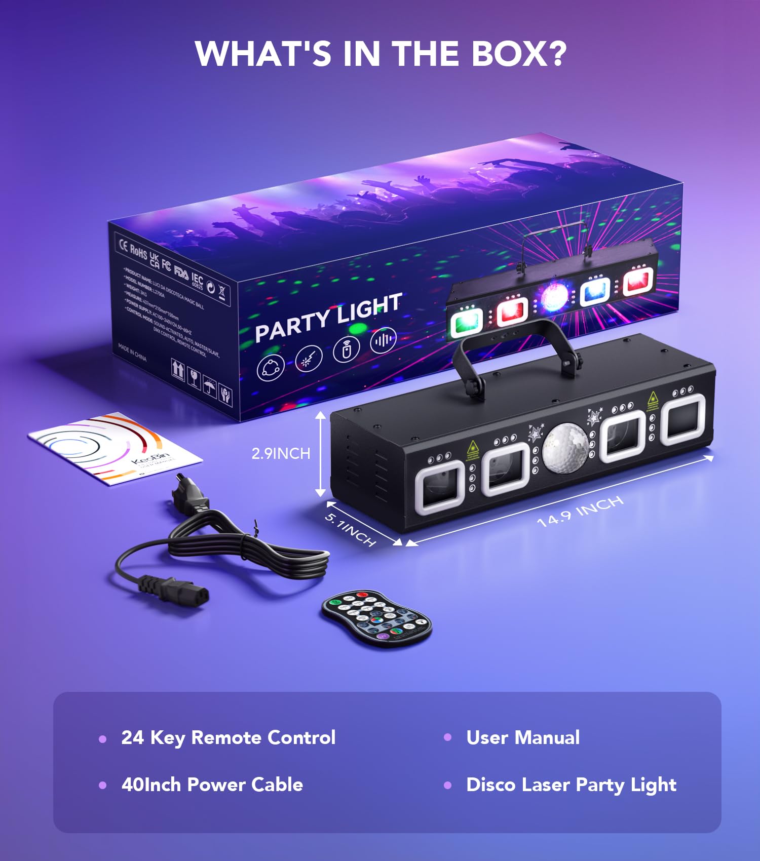 Professional 6-in-1 DMX & Sound Activated DJ Laser Light Show Machine with Disco Ball - RGBW & UV Strobe Party Lights for Rave, Club, Dance Bar, and Indoor Events | Perfect for DJ Performances, Nightclubs, and Home Parties