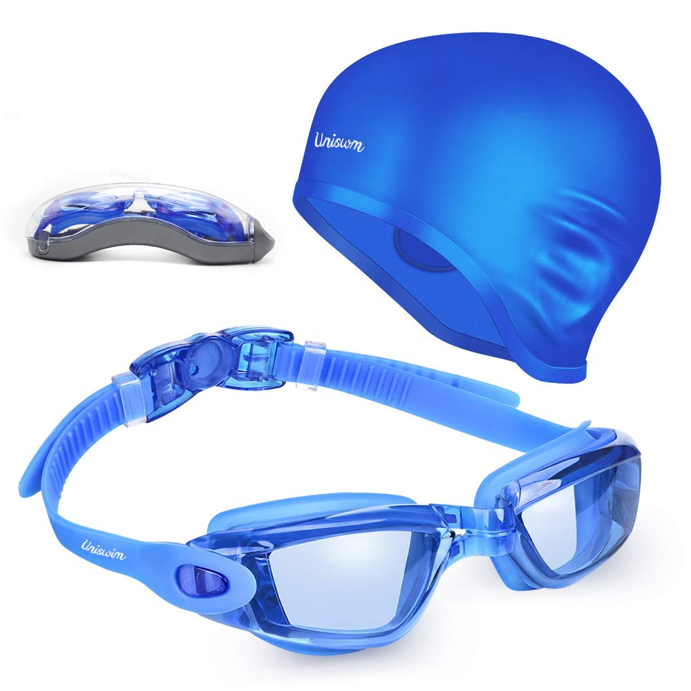 Anti-Fog Swimming Goggles & Silicone Swim Cap Set for Adults - UV Protection Swim Glasses & Comfortable Swim Hat Pack for Pool, Beach & Training