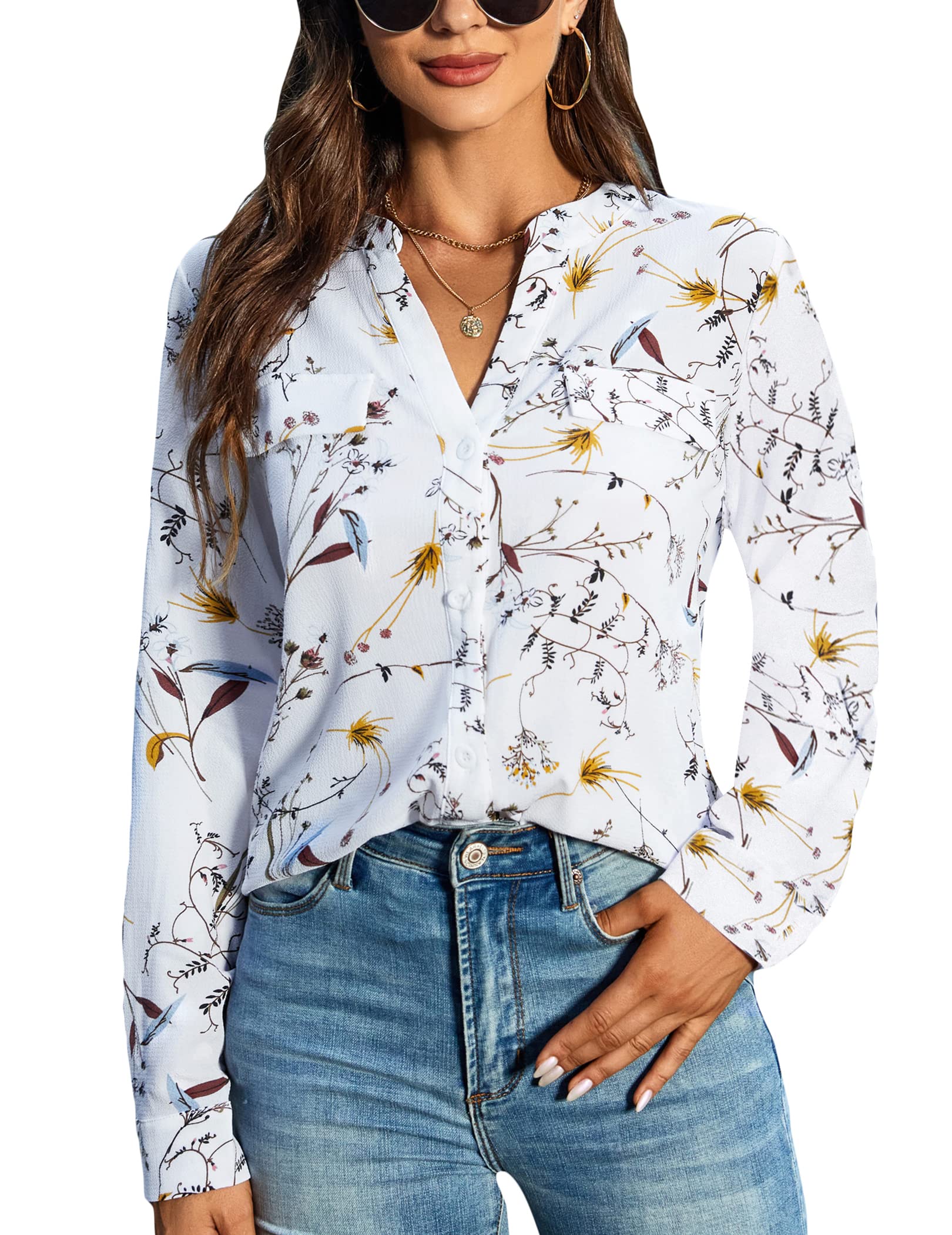Chiffon Blouse for Women - Floral Print V-Neck Loose Tunic Top with Cuffed Sleeves & Button Down Design | Business Casual Work Shirt | Office Wear, Date Night & Spring Outfits