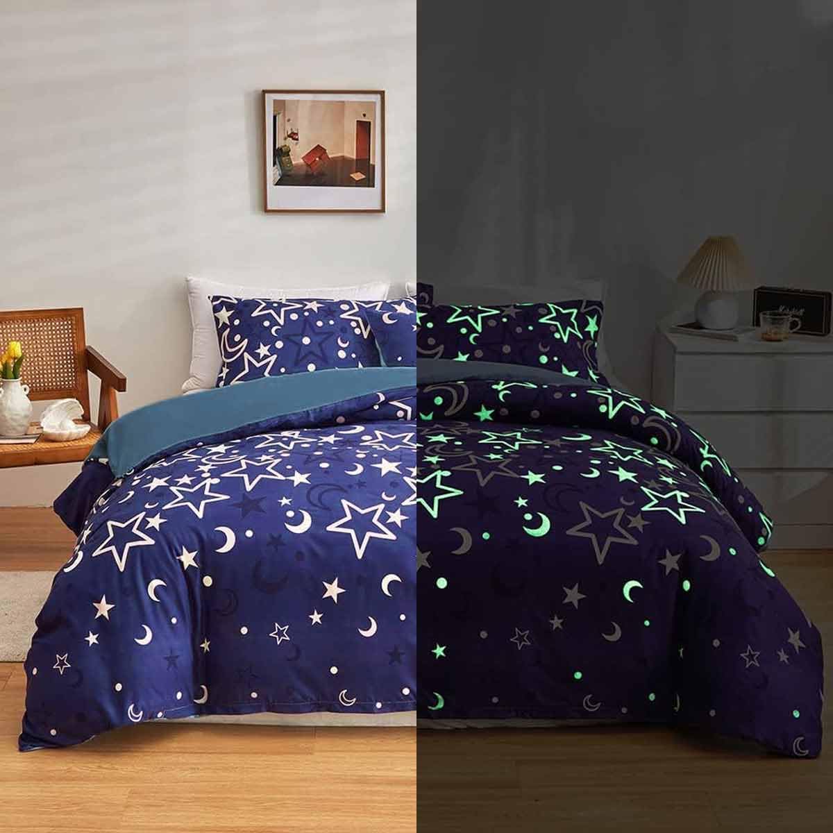 Feelyou Galaxy Glow in The Dark Duvet Cover Set - Twin Size Purple Universe Starry Night Bedding for Kids & Teens | Super Soft Space Themed Comforter Cover with Stars & Moon Design | Perfect for Girls' Bedroom Decor & Glow-in-the-Dark Sleepovers