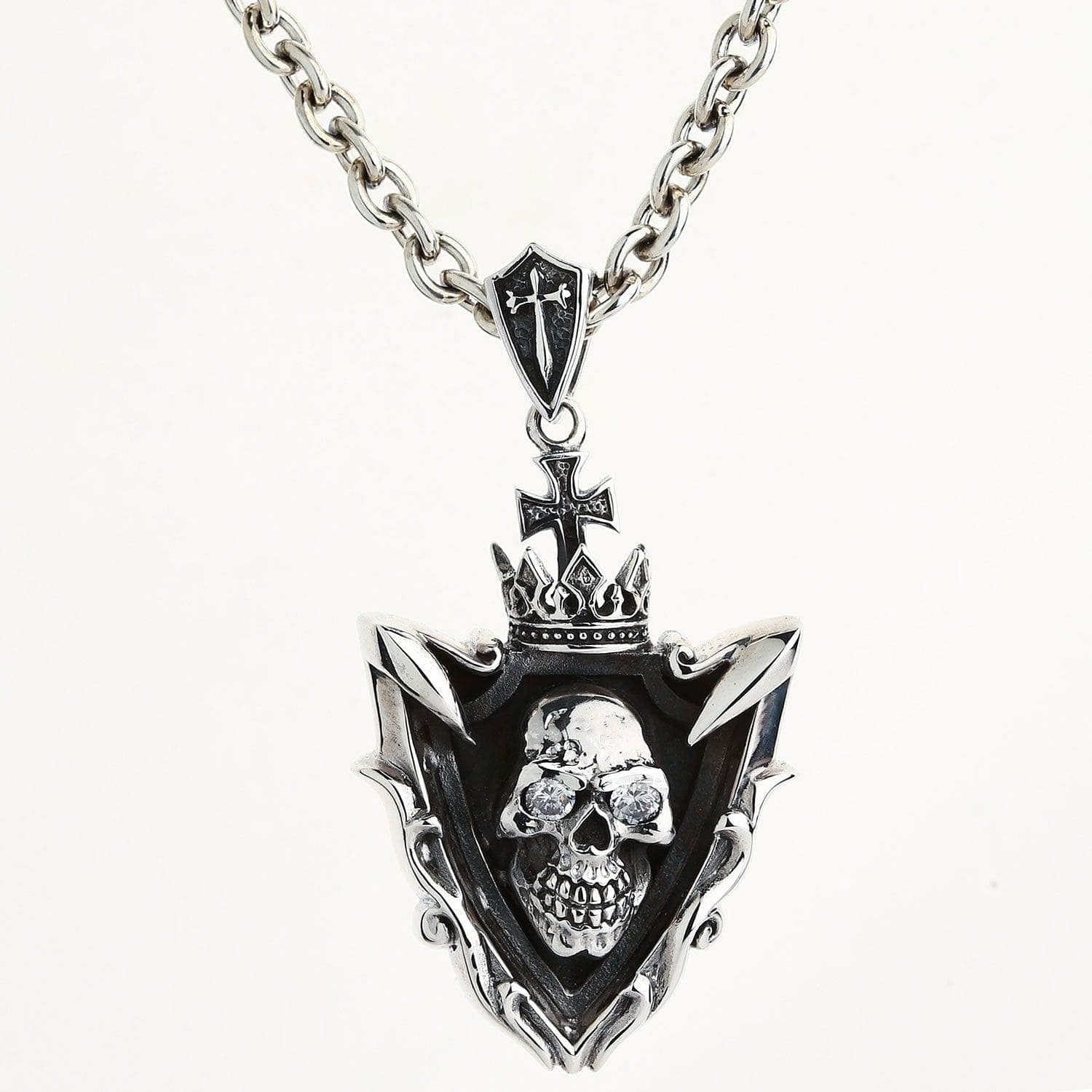 Tribal Sterling Silver Skull Pendant with Diamond Eyes - Gothic Jewelry for Men & Women - Perfect for Halloween, Biker Fashion & Edgy Style