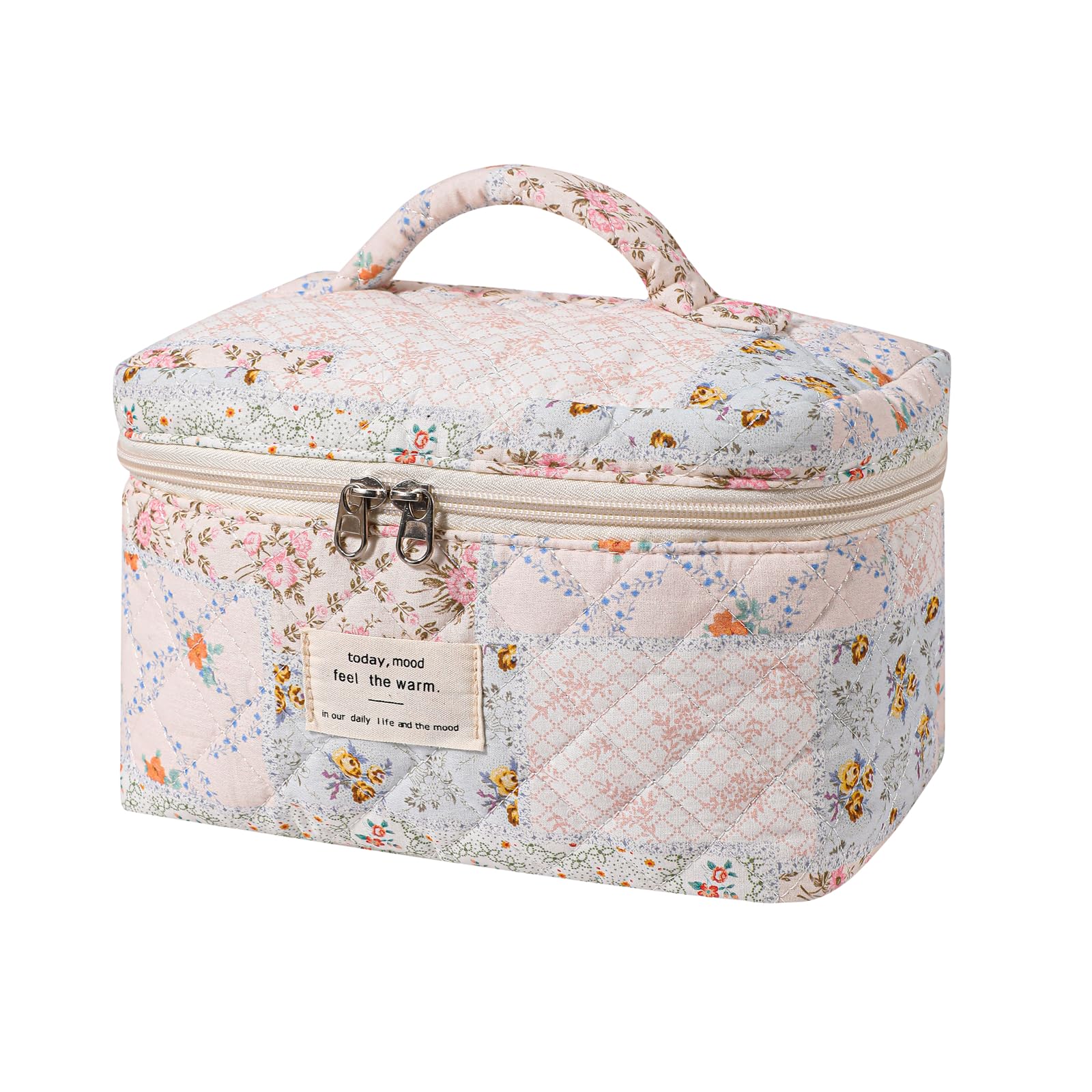 UEKEBOAG Large Quilted Makeup Bag for Women - Floral Coquette Cosmetic Travel Organizer, Cute Kawaii Toiletry Pouch (06 Light Pink) - Perfect for Travel, Gym & Daily Essentials Storage