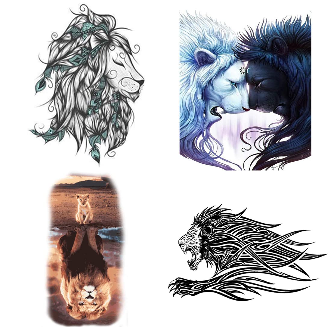 Lion Tribal Temporary Tattoos for Men & Women - Pack of 4 Black Body Art Stickers (2x4 Inch) - Perfect for Parties, Festivals & Costume Events