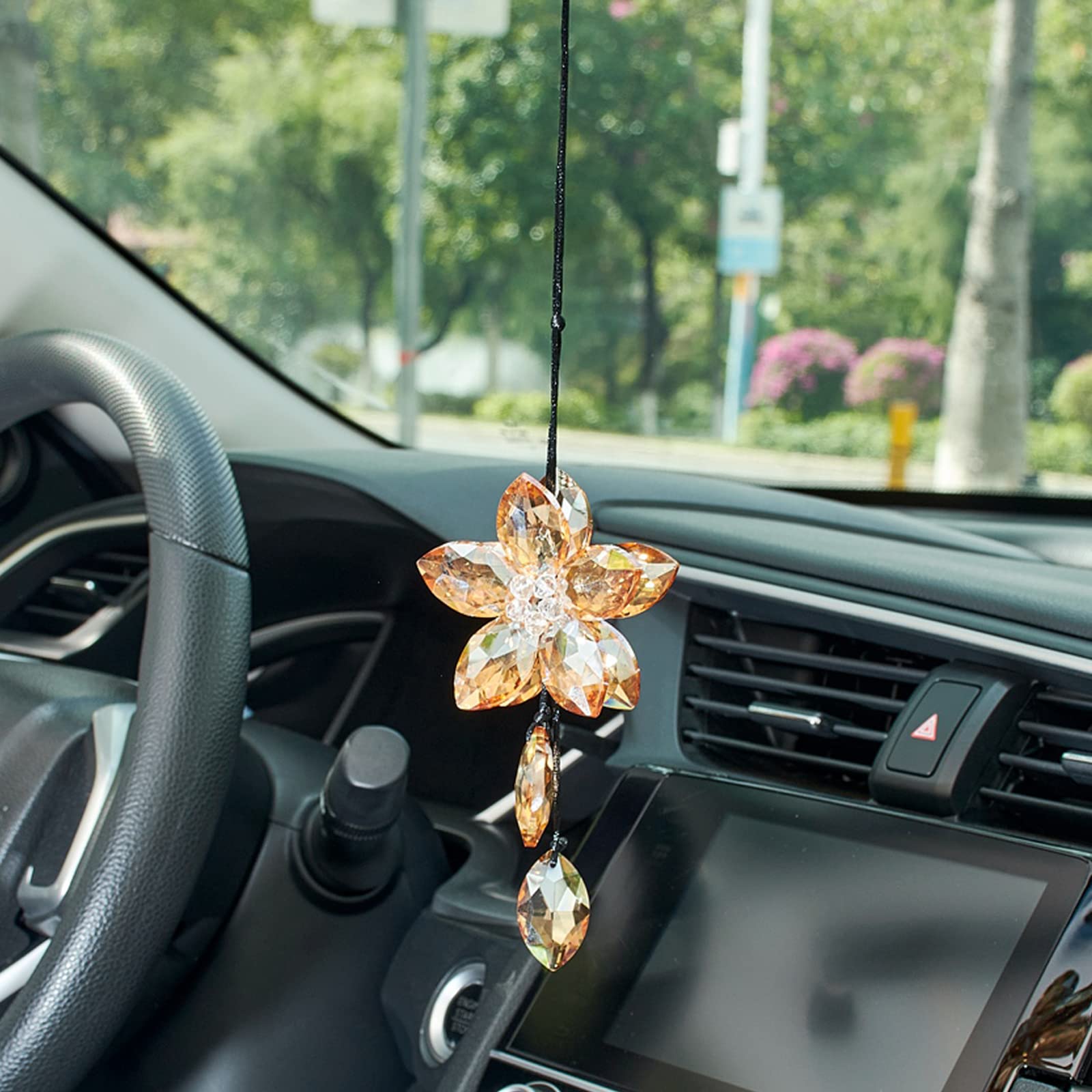 Crystal Flower Car Rear View Mirror Pendant - Elegant Champagne Hanging Ornament for Good Luck & Protection | Perfect Car Accessories for Women, Gift Ideas & Daily Commute