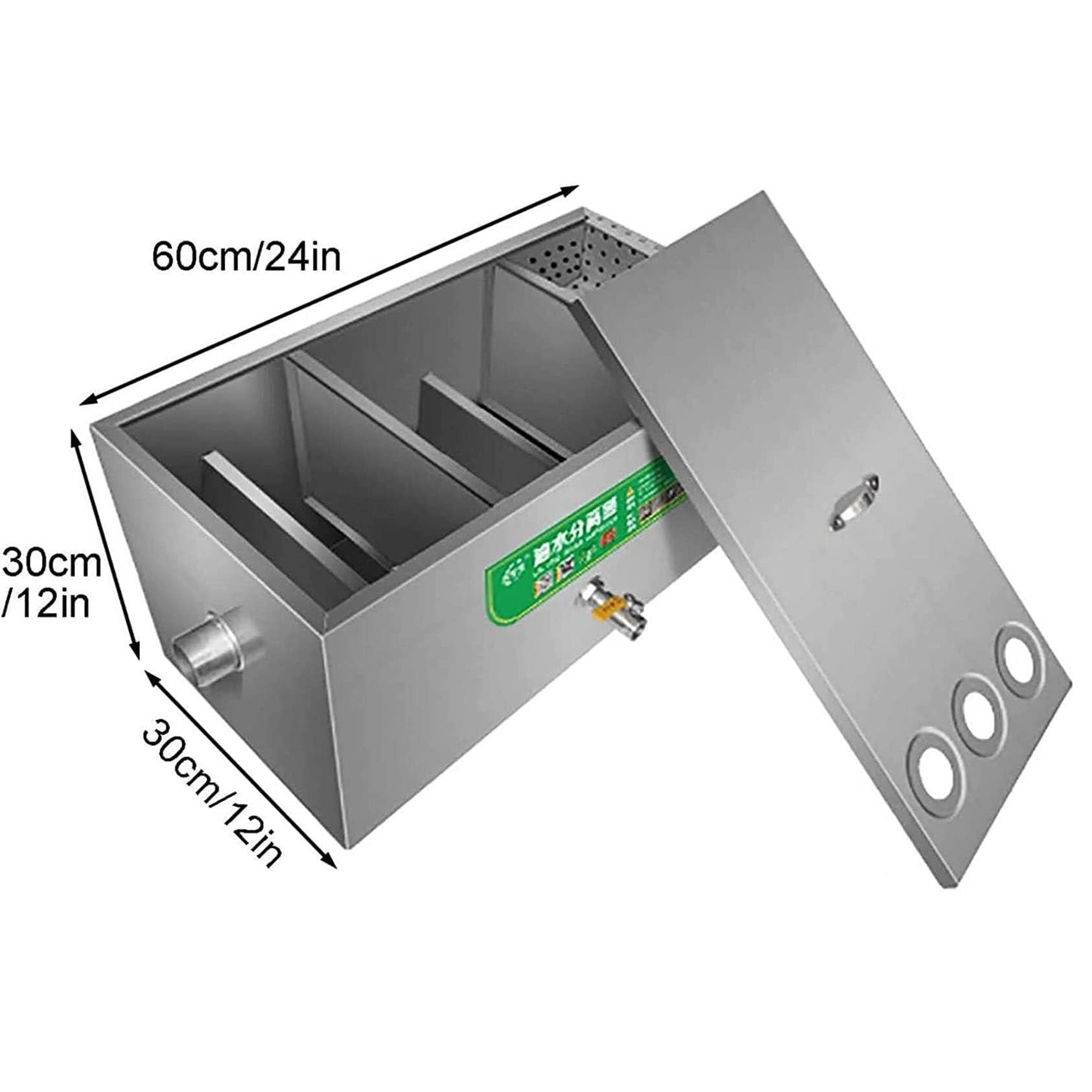 Stainless Steel Commercial Grease Interceptor 60x30x30cm - Under Sink Grease Trap & Oil-Water Separator for Restaurant Kitchen Wastewater with Removable Baffles | Heavy-Duty Drainage Solution for Food Service & Commercial Kitchens