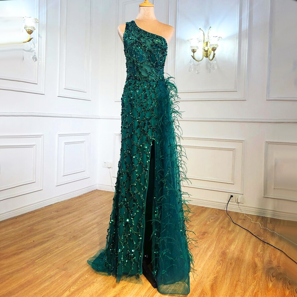 Elegant Mermaid Evening Dress with Beaded Feathers - One Shoulder Split Gown for Women 2025 | Perfect for Prom, Party & Special Occasions