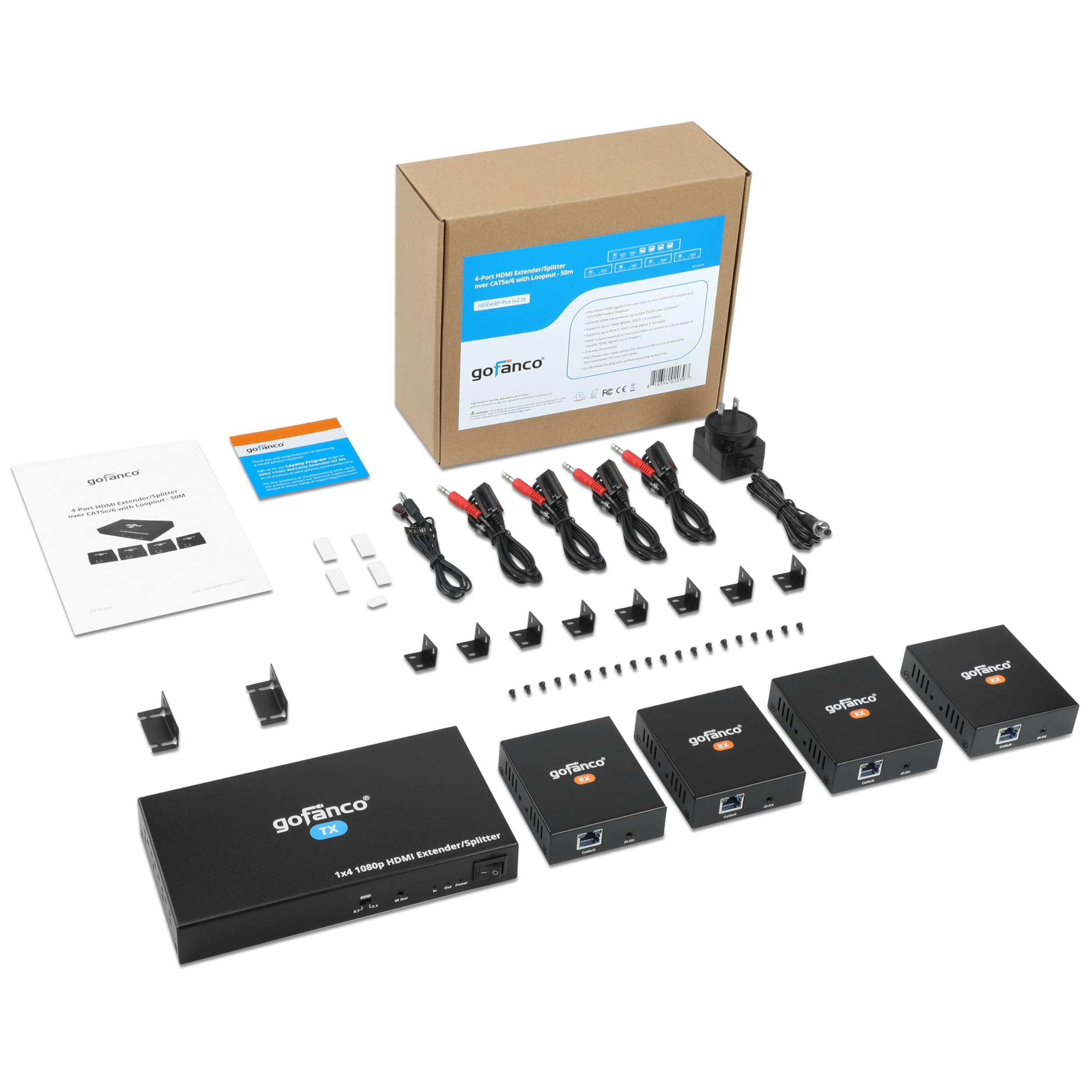 gofanco 1080p 1x4 HDMI Extender Splitter Over CAT5e/6/7 Ethernet Cable - 165ft (50m) Range with Local Loopout, PoC, EDID & IR Extension | Supports 5.1/7.1ch Audio & Wall Mounting | Ideal for Home Theater, Conference Rooms & Multi-Screen Setups (HDExt4P-Pro v2.0)
