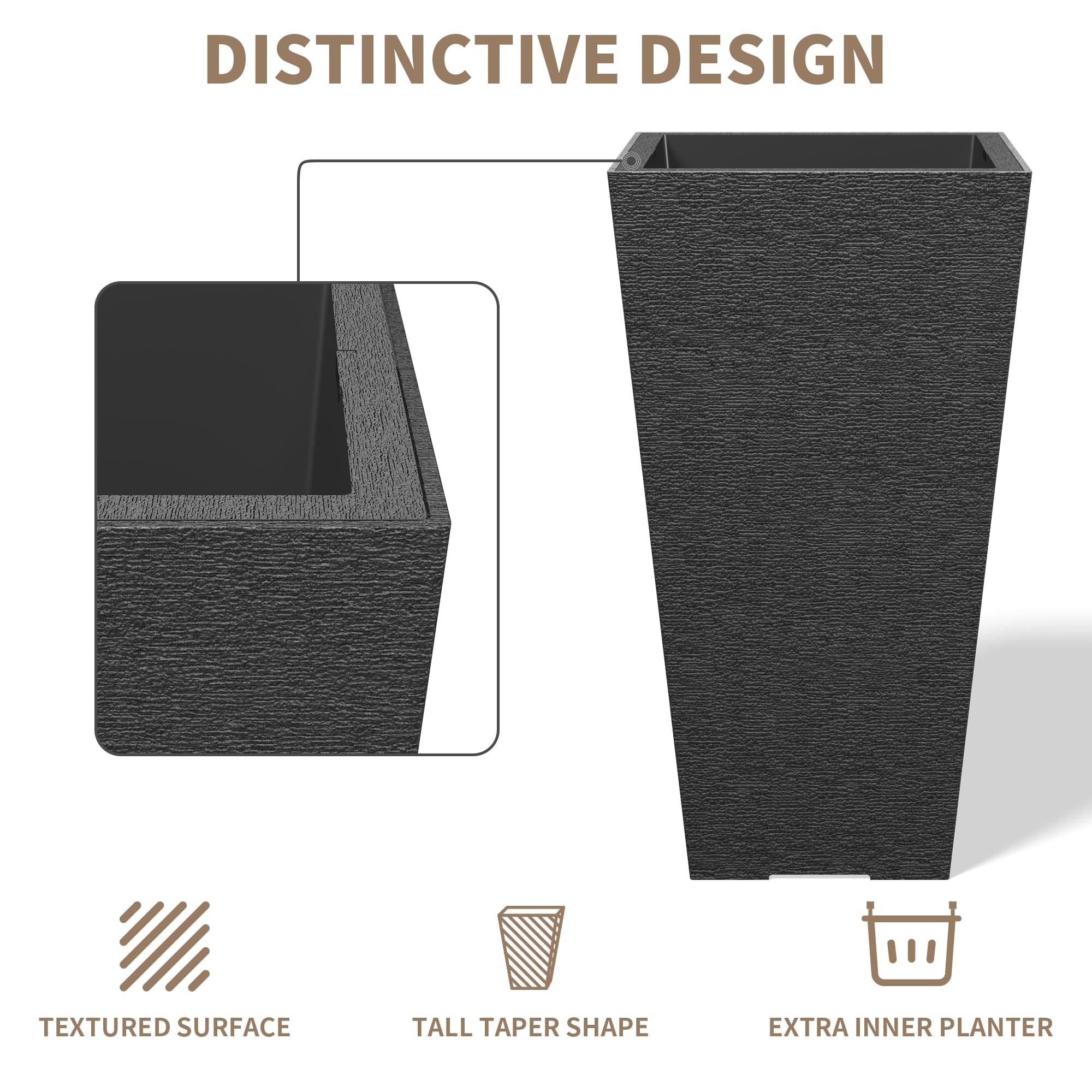 Kante 22 Inch Tall Planter Set of 2 - Large Tapered Flower Pots for Indoor & Outdoor Use, Garden, Patio, Front Door Decor (Black) | Perfect for Home, Office, and Commercial Spaces