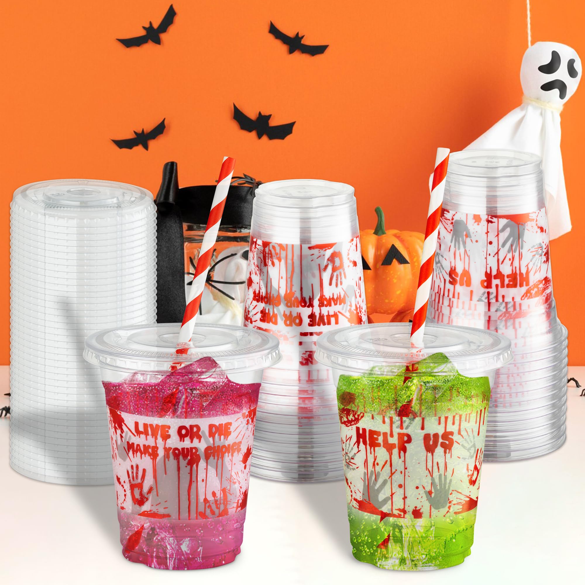 50Pcs Halloween Blood Splatter Plastic Cups - 12 Oz Clear Disposable Cups with Straws & Lids, Scary Zombie Party Supplies for Halloween, Birthday & Horror Themed Events - Perfect for Beverage Serving & Spooky Decorations