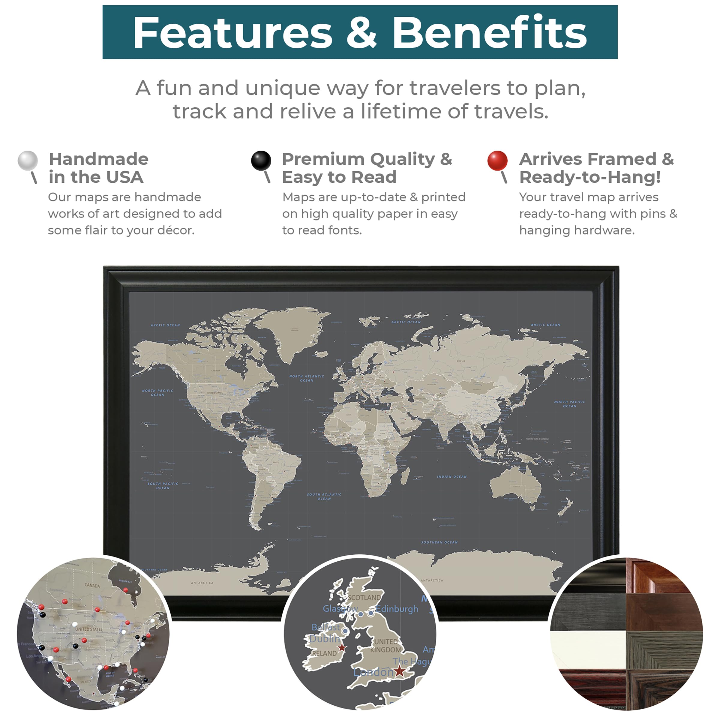 Custom Push Pin Travel Map - Handcrafted Framed World Map Wall Art with 150 Pins - Earth Tone & Textured White Design - 27.5