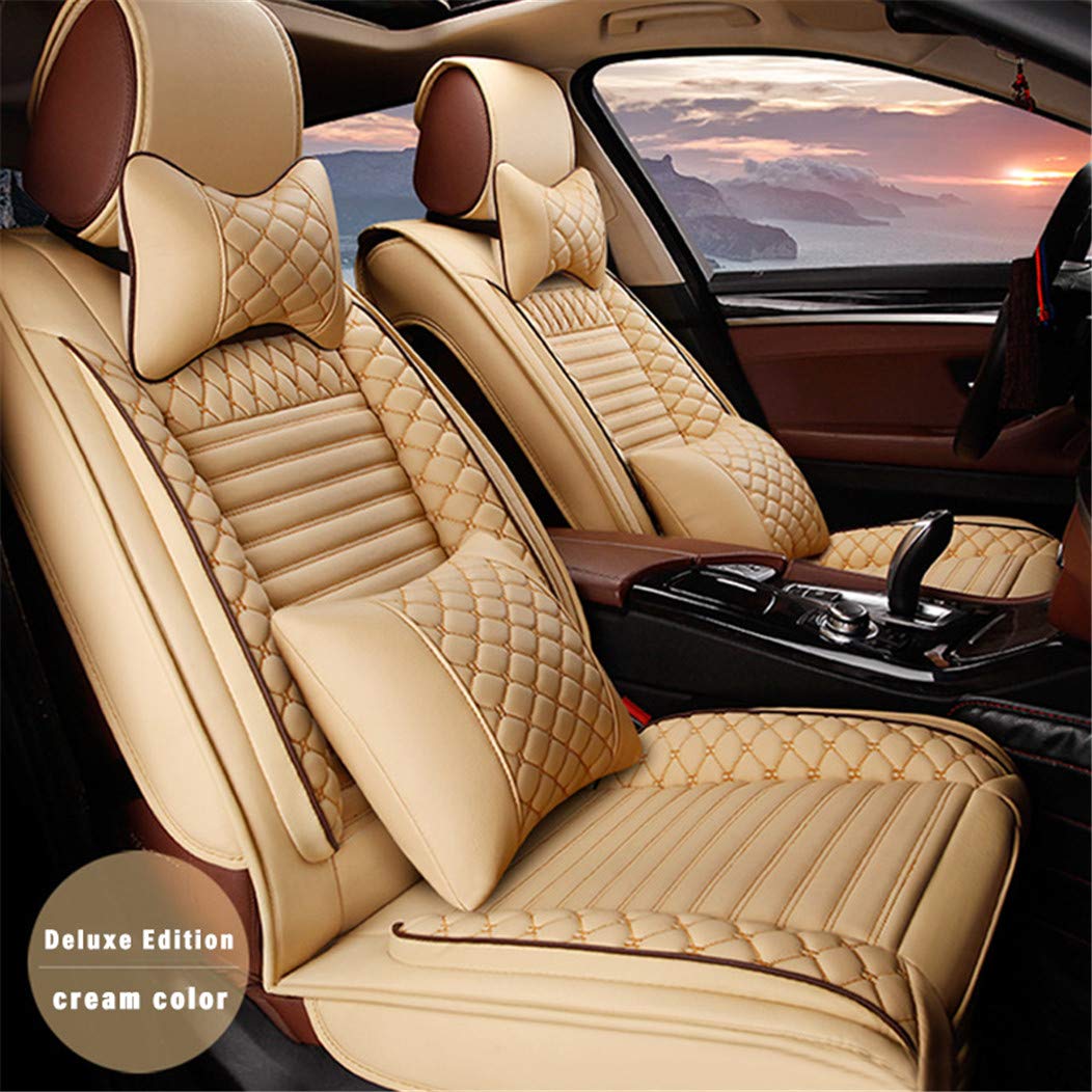 SureMart Premium Leatherette Car Seat Covers for Ford Taurus - Airbag Compatible Front Seat Protectors (2-Piece Set, Beige & Yellow) | Perfect for Daily Commute, Road Trips & Protecting Your Vehicle Interior