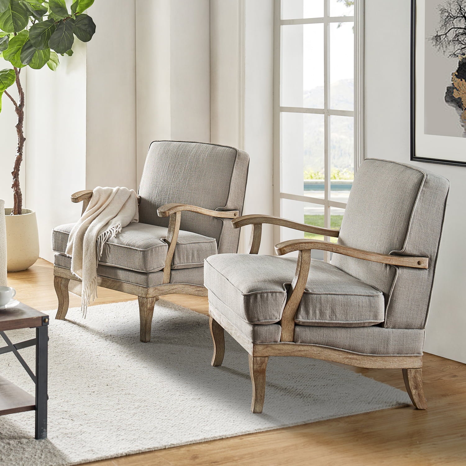 Randolph Farmhouse Upholstered Accent Chair with Wooden Legs - Comfortable Living Room Armchair for Home Decor, Reading Nook & Cozy Sitting Area (Multiple Style Options Available)