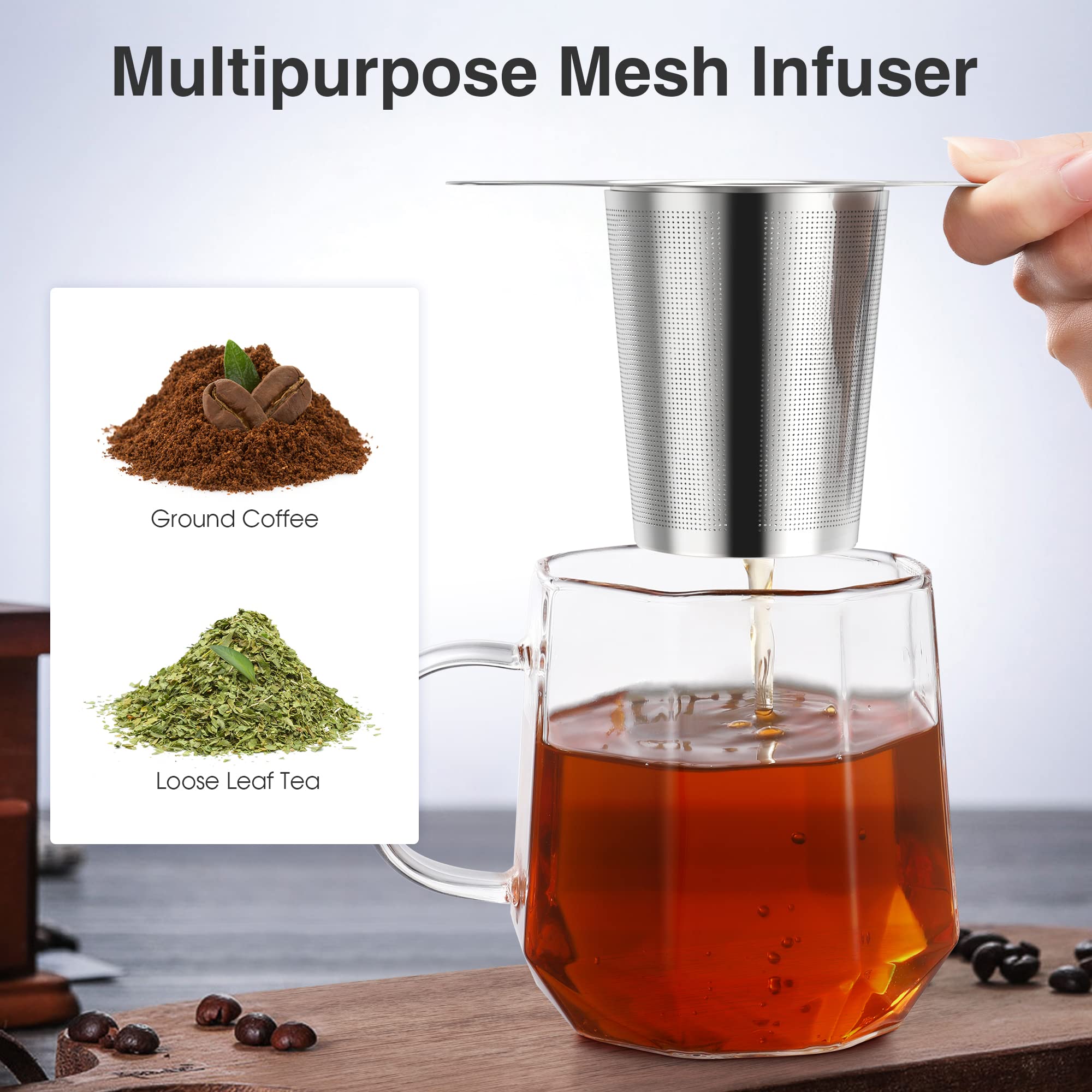 IPOW Reusable Stainless Steel Coffee Filter - Eco-Friendly Paperless Coffee Maker Strainer with Double Fine Mesh for Loose Tea & Ground Coffee - Fits Cups, Mugs & Teapots - Perfect for Home, Office & Camping Use
