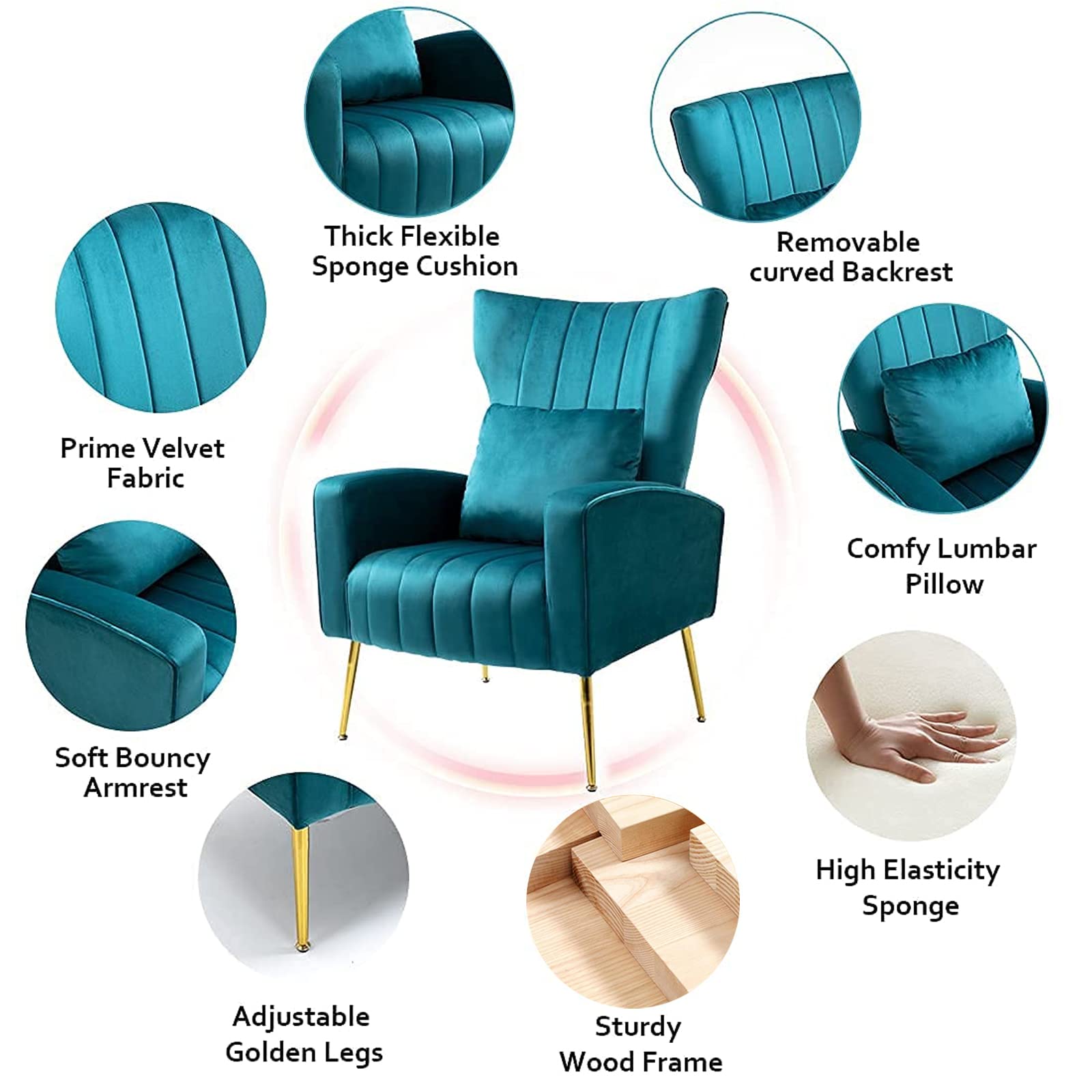 Velvet Accent Chair with Lumbar Pillow & Gold Legs - Modern High Back Armchair for Living Room, Bedroom & Vanity - Teal Blue Barrel Chair for Home Decor & Relaxation
