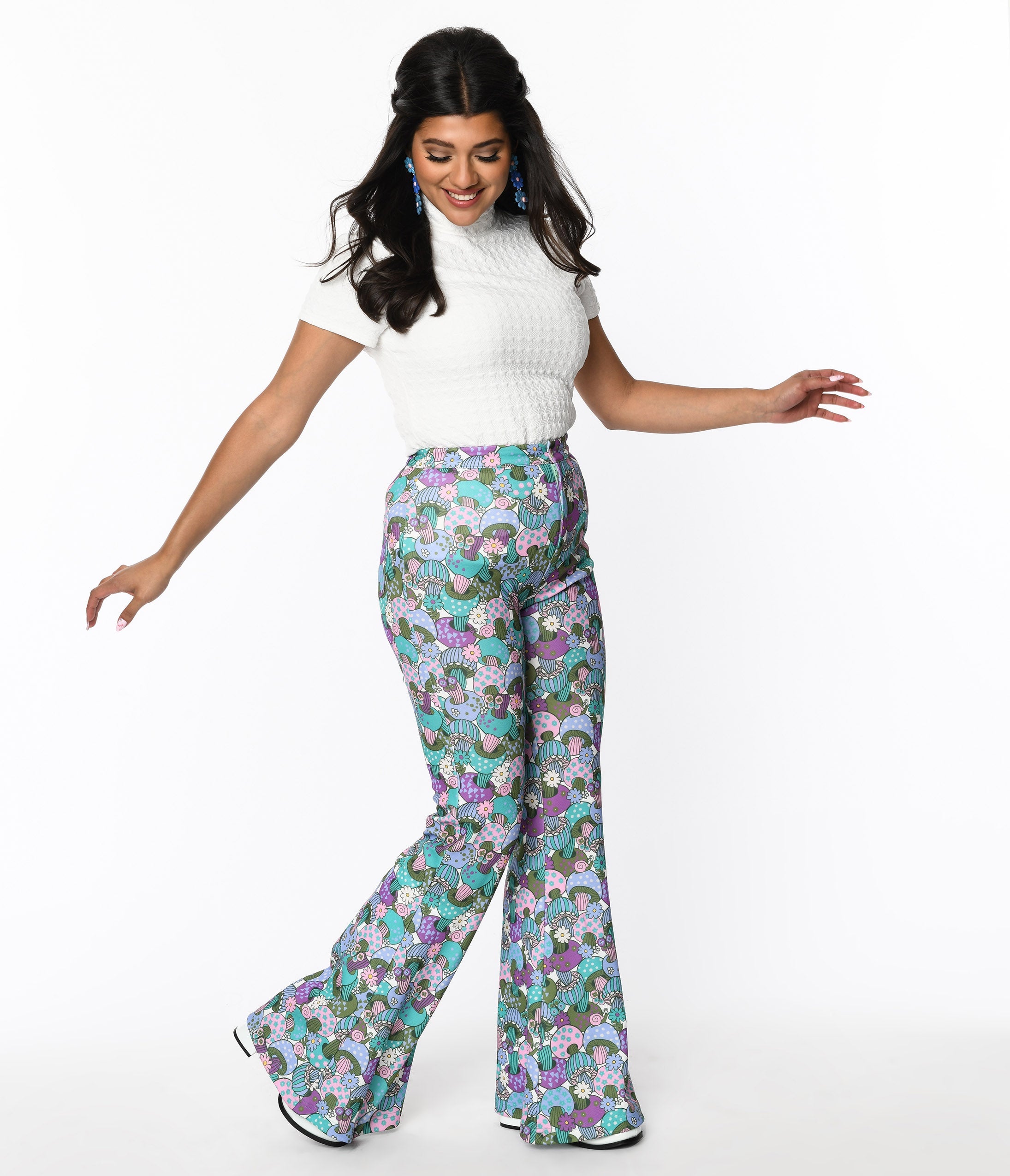 Smak Parlour 1970s Vintage Teal Groovy Mushroom Print High Waisted Flare Pants - Retro Hippie Fashion for Music Festivals & 70s Theme Parties