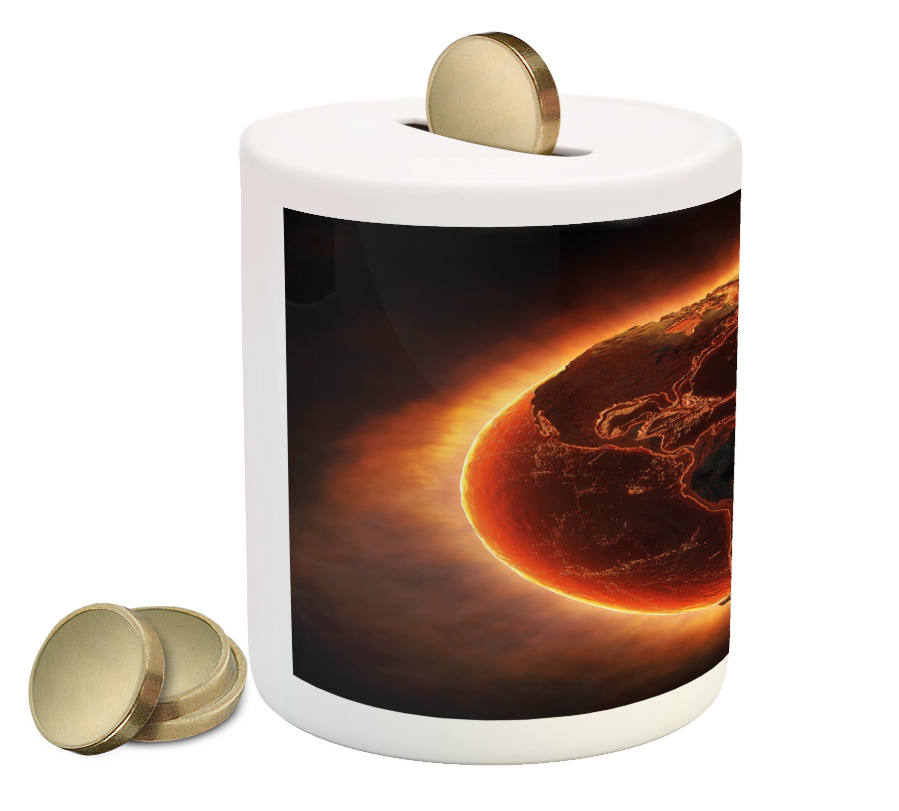 Ambesonne Ceramic Piggy Bank - Vivid Apocalypse & Global Warming Theme, Printed Money Box for Cash Savings (Orange, Brown, Yellow) | Unique Gift for Eco-Conscious Collectors & Home Decor