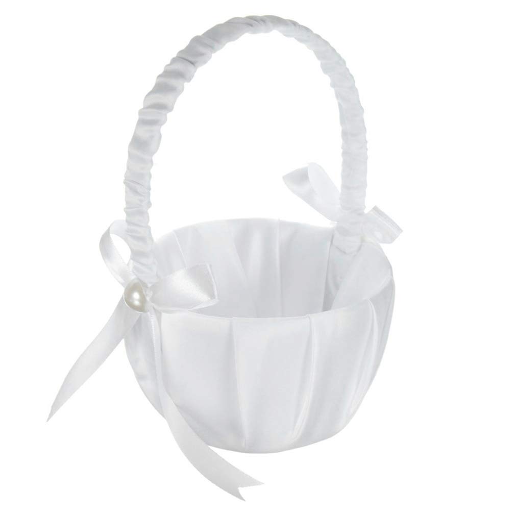Homoyoyo 2-Piece White Satin Wedding Flower Girl Baskets with Handles - Elegant Cute Floral Baskets for Wedding Ceremony, Bridal Shower, Party Decorations & Flower Petal Scattering