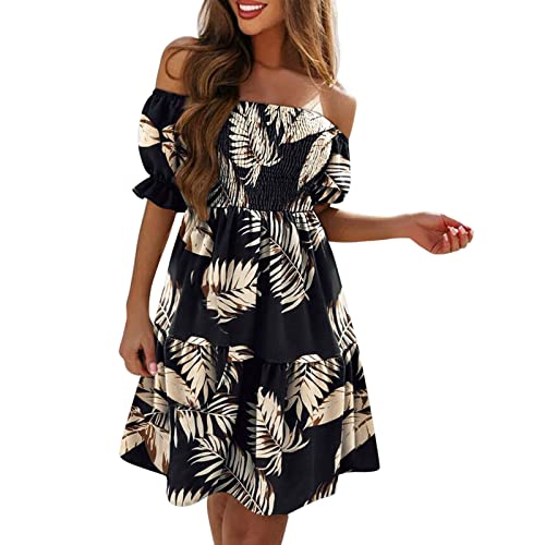 Women's Summer Maxi Dress - Flowy Off Shoulder Short Sleeve with Ruffle & Smocked Elastic Waist | Casual Printed Knee-Length Sundress for Beach, Vacation & Outdoor Parties (Beige, Size S)